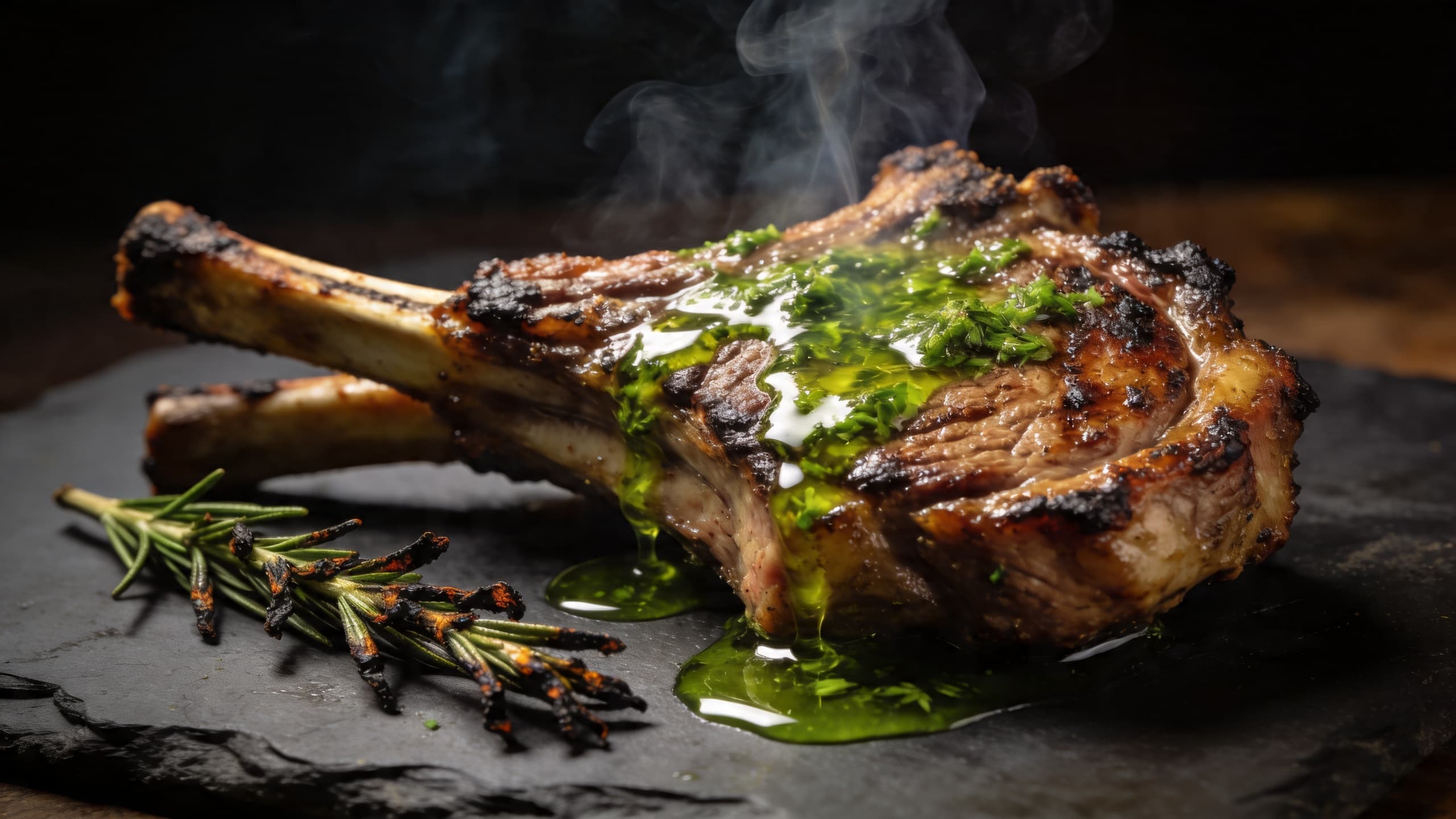 Image 1: Charred lamb close-up with a vibrant green herb oil