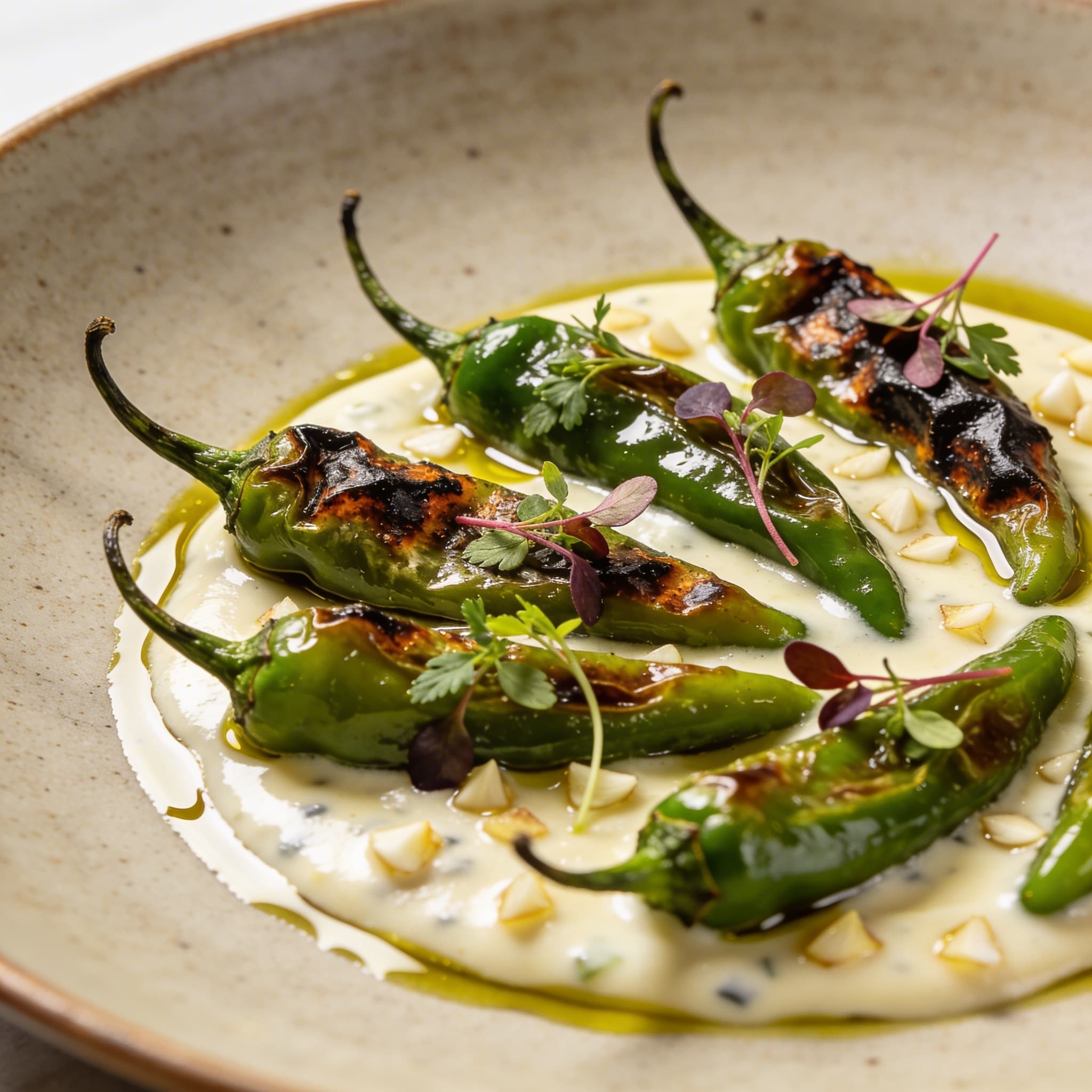 Hearth-Blistered Shishitos over Garlicky Silk