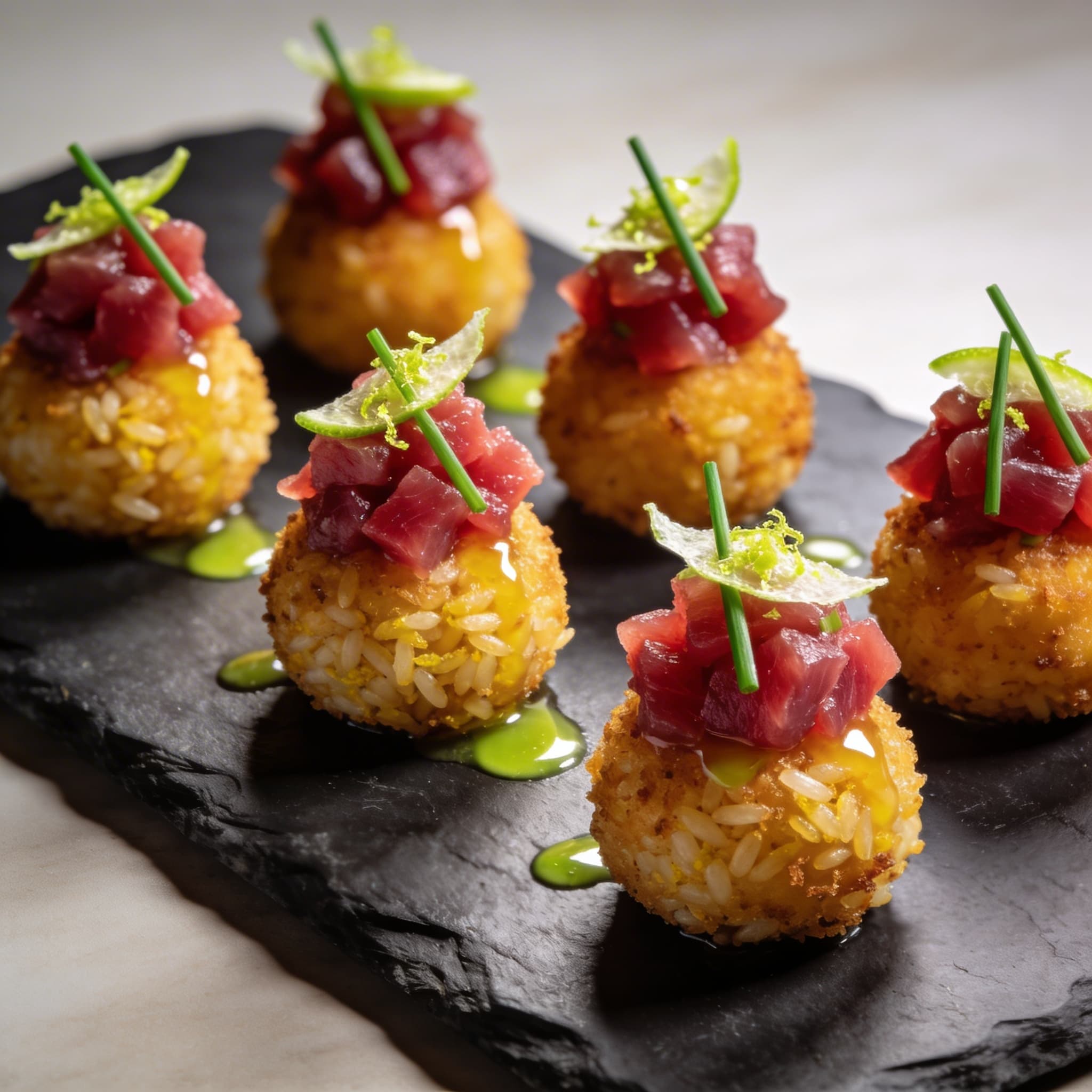 'Nduja & Saffron Risotto Jewels with Lime-Zest Tuna