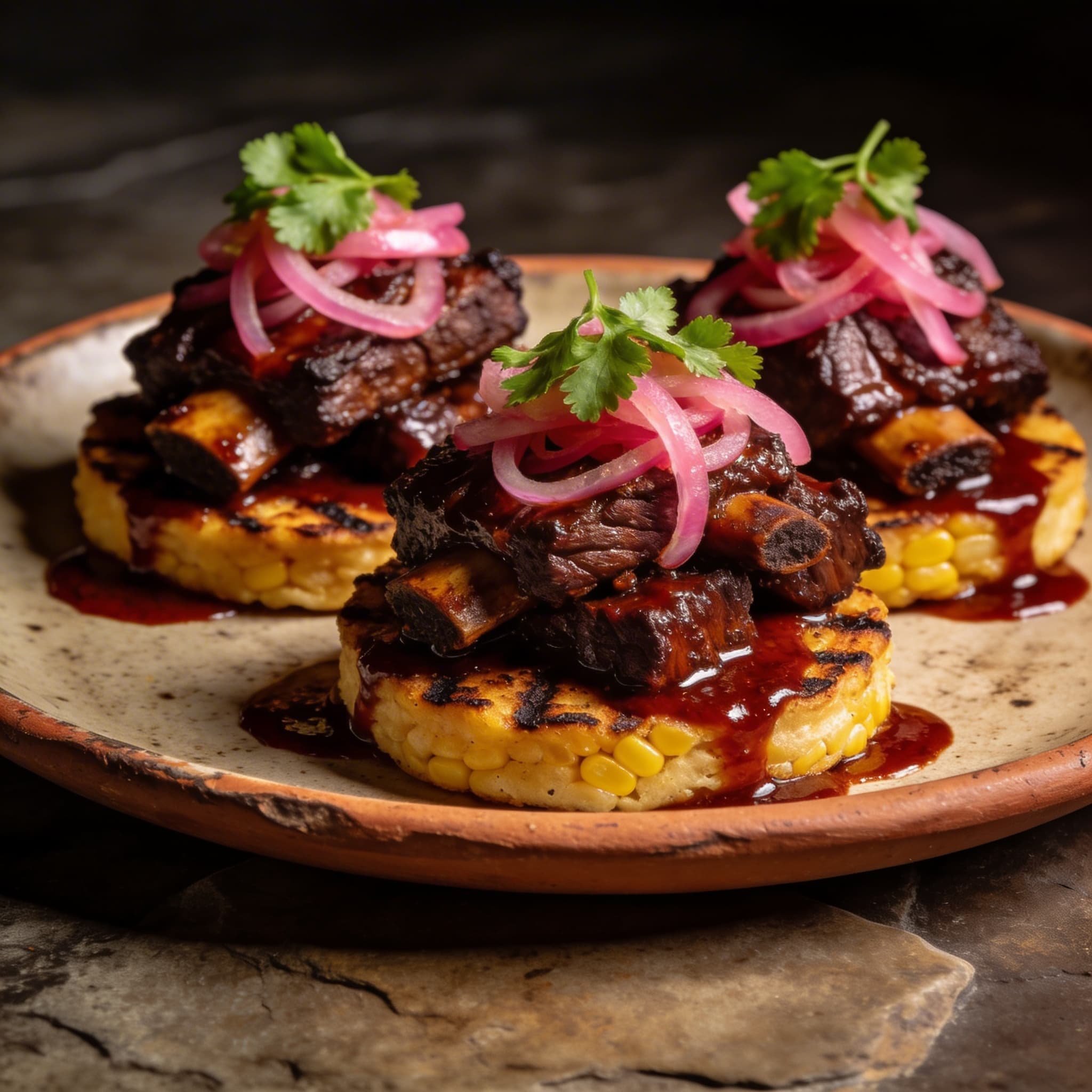 Chipotle-Lacquered Braised Short Ribs on Toasted Masa Cakes