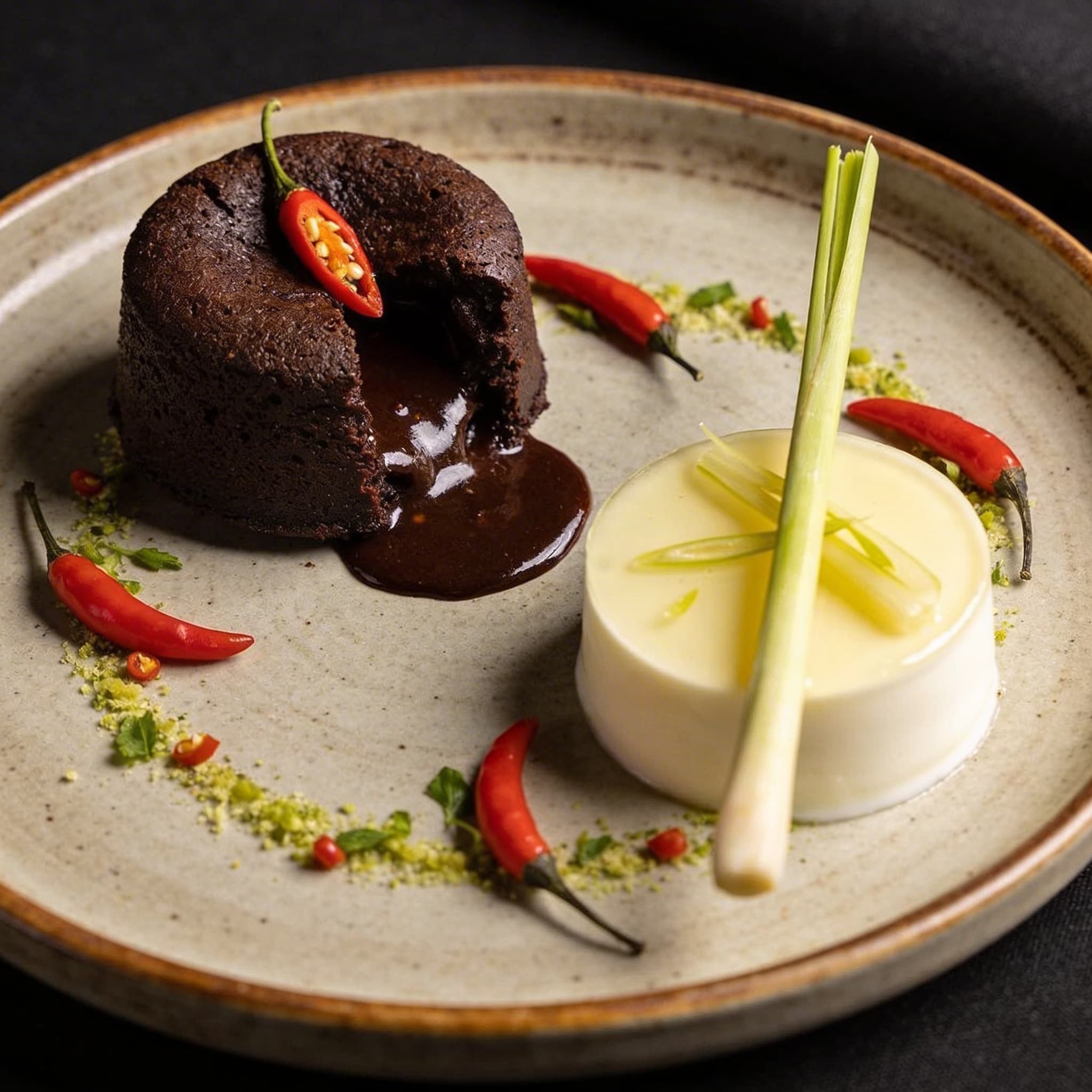 Thai Chili Molten Lava Cake with Lemongrass Panna Cotta