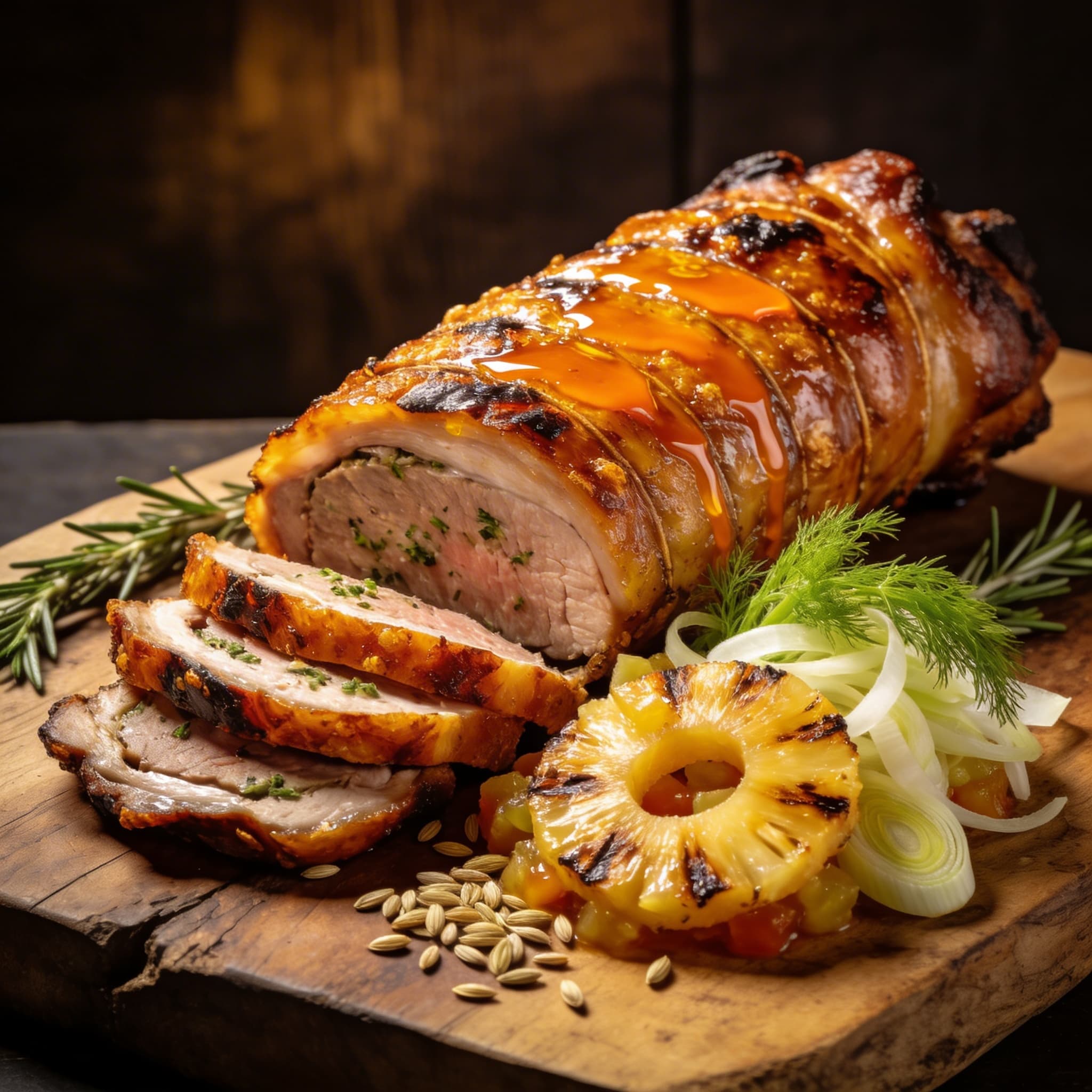 Dendê-Glazed Porchetta with Charred Pineapple Relish