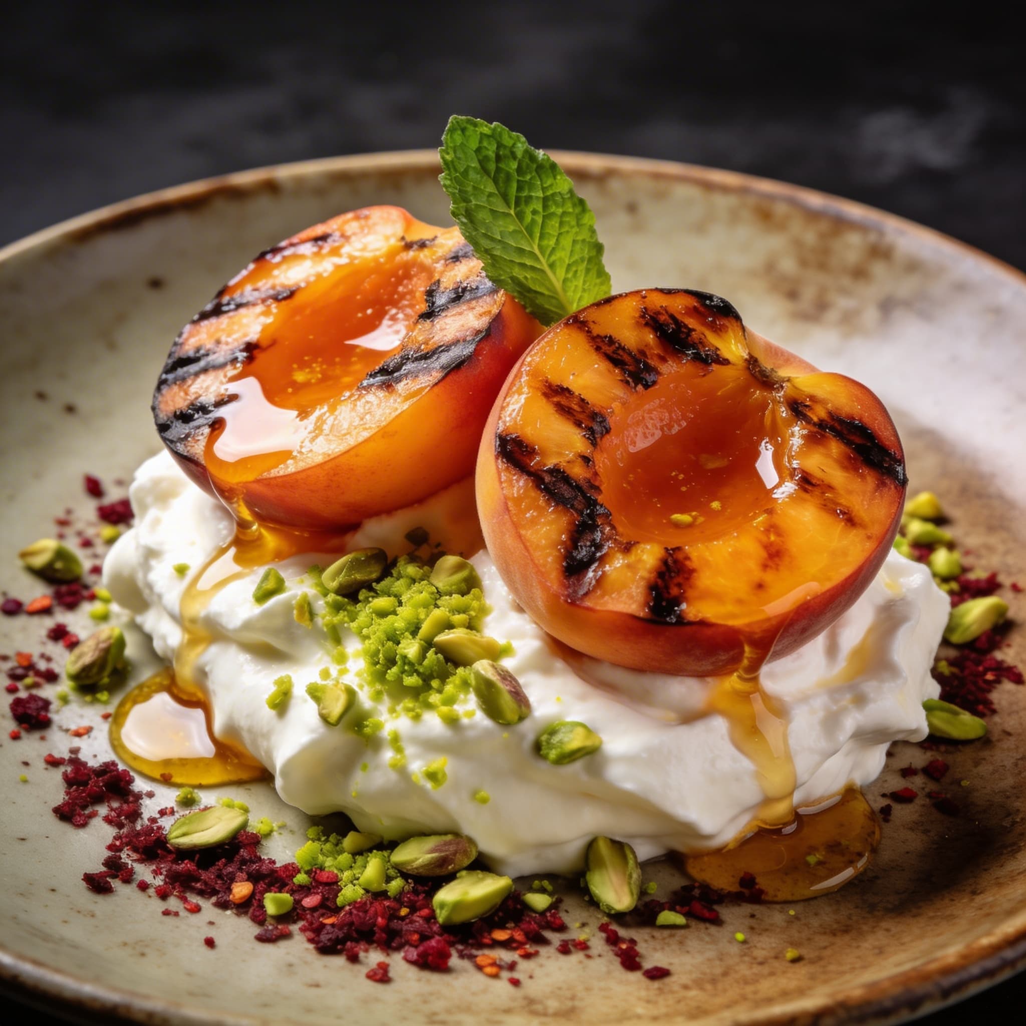 Hearth-Grilled Peaches with Aleppo Honey & Mascarpone