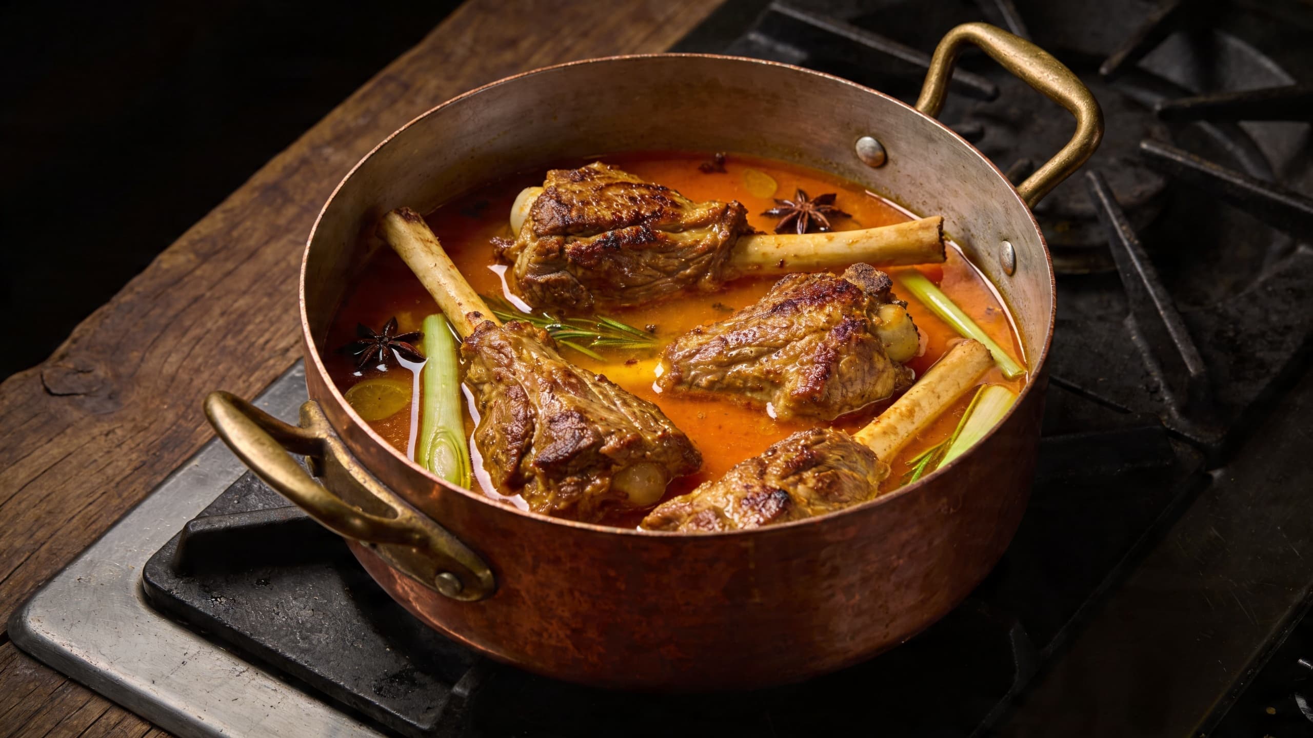 A rustic copper pot on a stovetop, filled with golden-seared veal shanks and a vibrant, orange-tinted braising liquid infused with Dendê oil and aromatics.