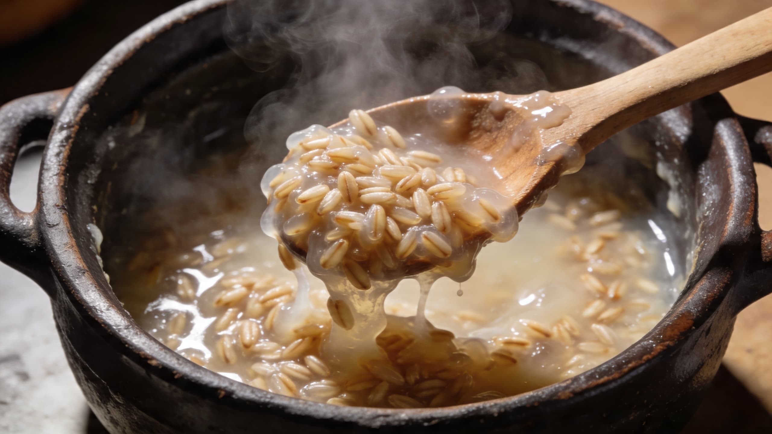 Image 1: A close-up of overcooked, gummy farro sticking to a wooden spoon in a dark ceramic pot.