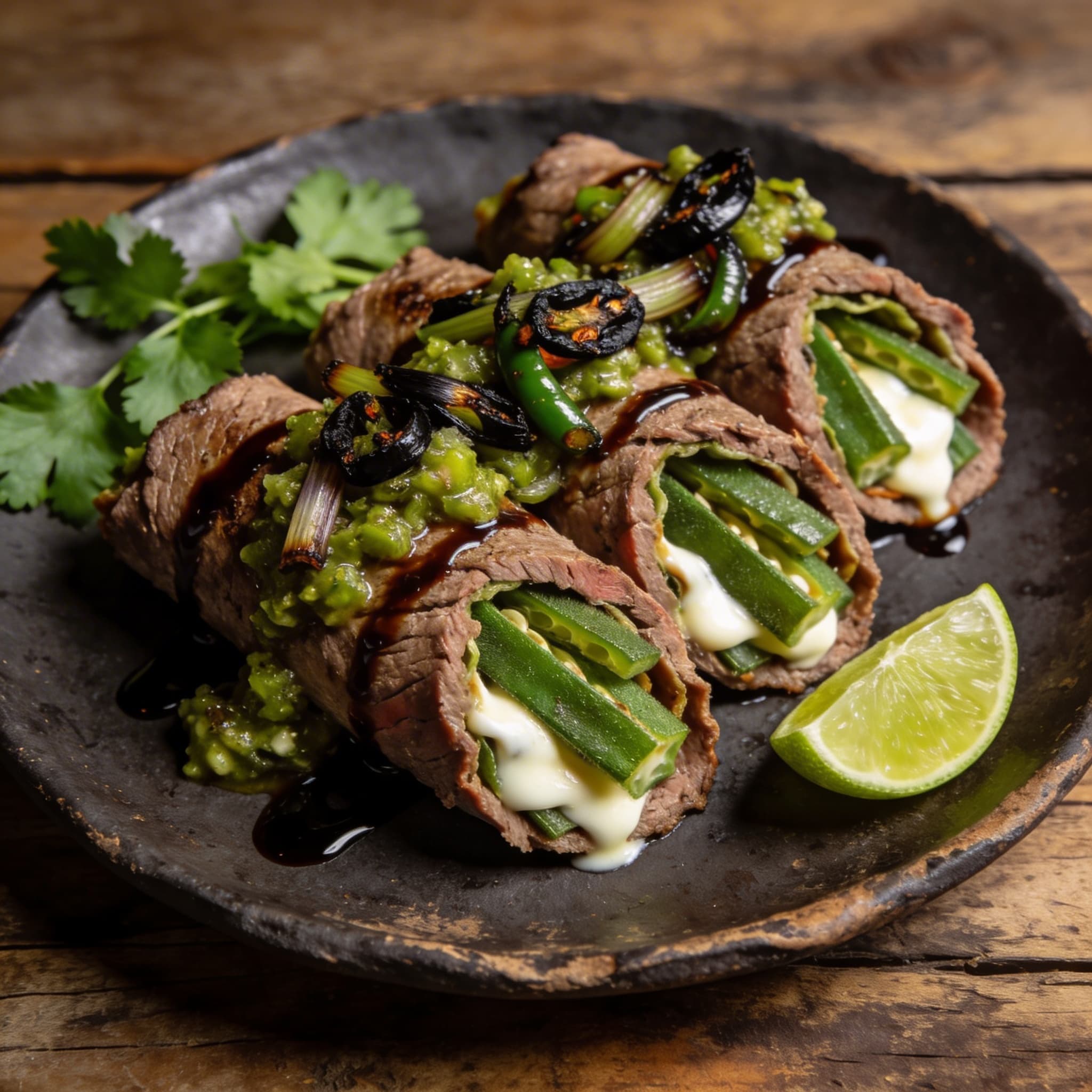Seared Nopal-Stuffed Flank Steak with Charred Spring Onion Salsa