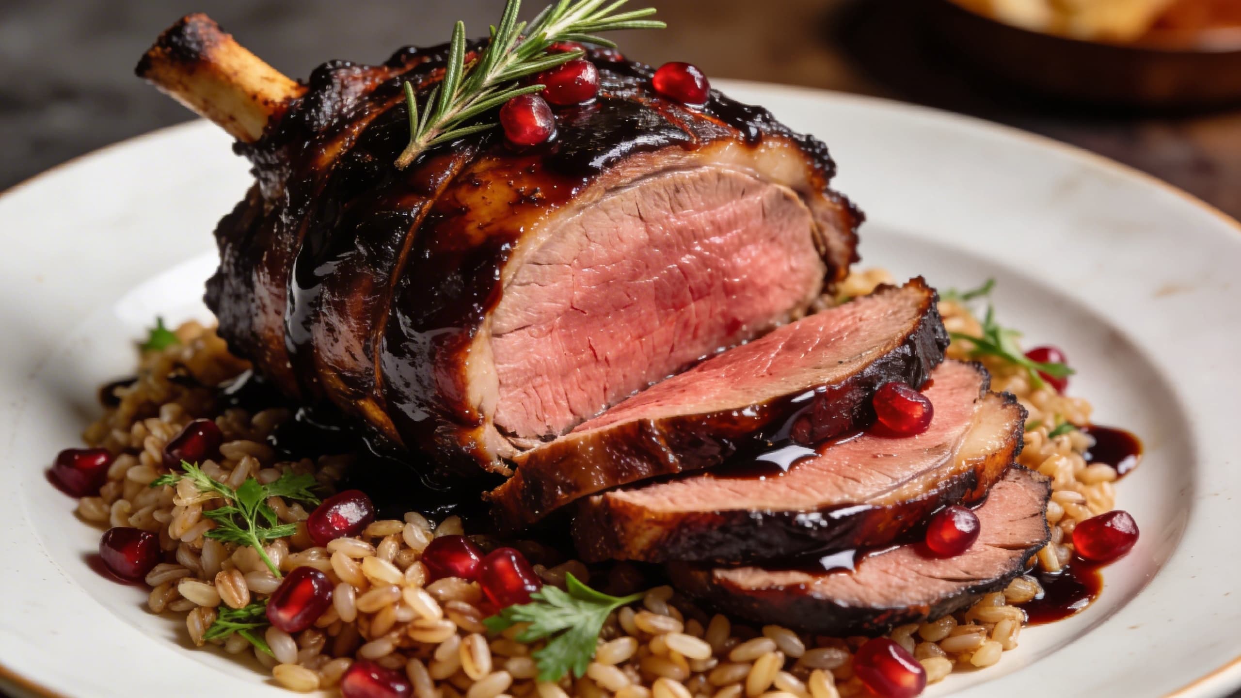Image 2: A perfectly sliced smoked lamb shoulder with a glossy dark balsamic glaze, resting on a bed of herb-flecked farro, garnished with pomegranate arils.