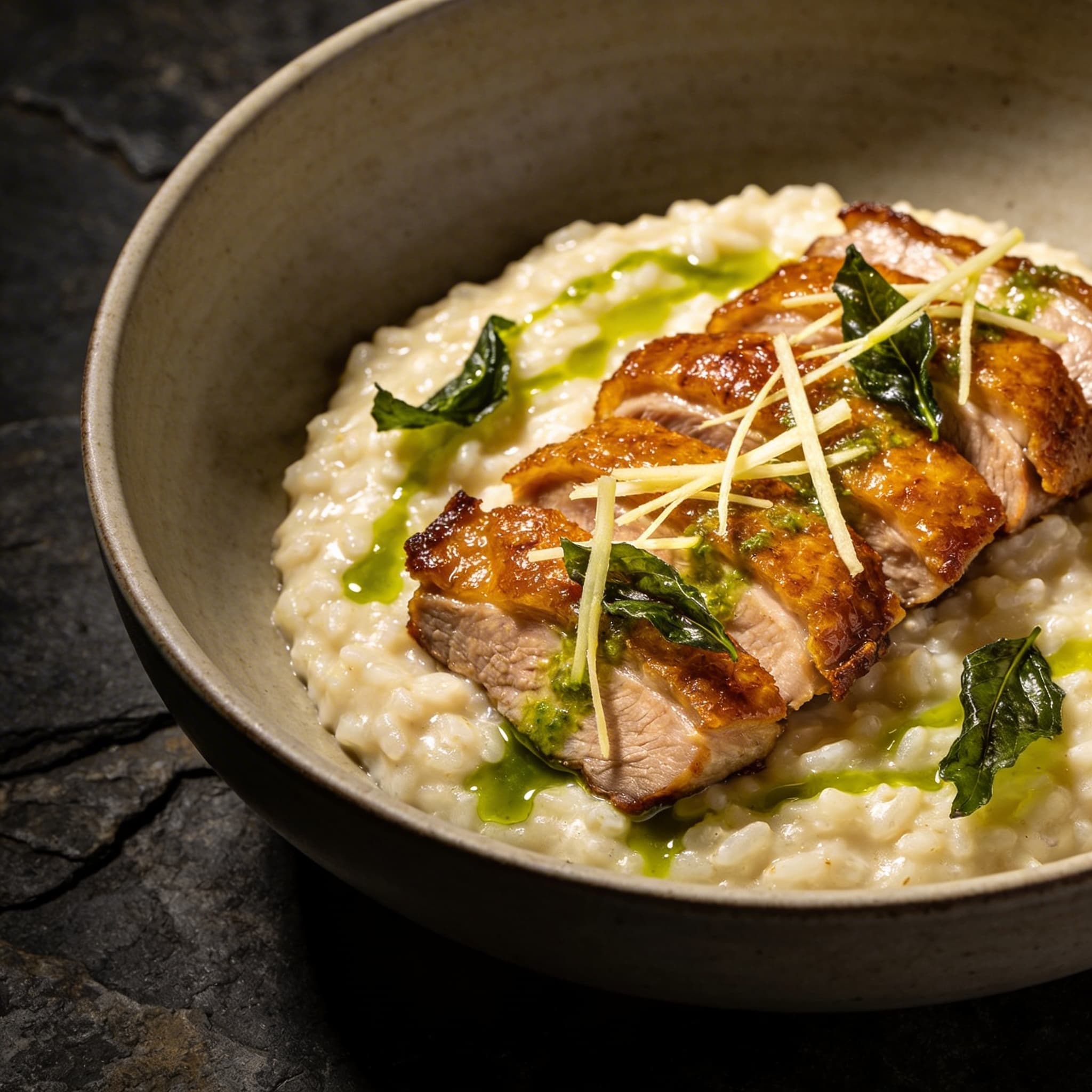 Galangal Risotto with Crispy Duck and Lemongrass Broth