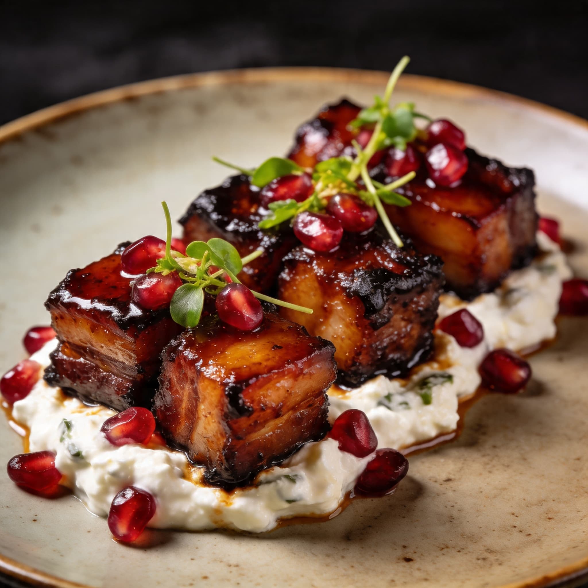 Pomegranate-Glazed Pork Belly 'Burnt Ends' with Whipped Feta