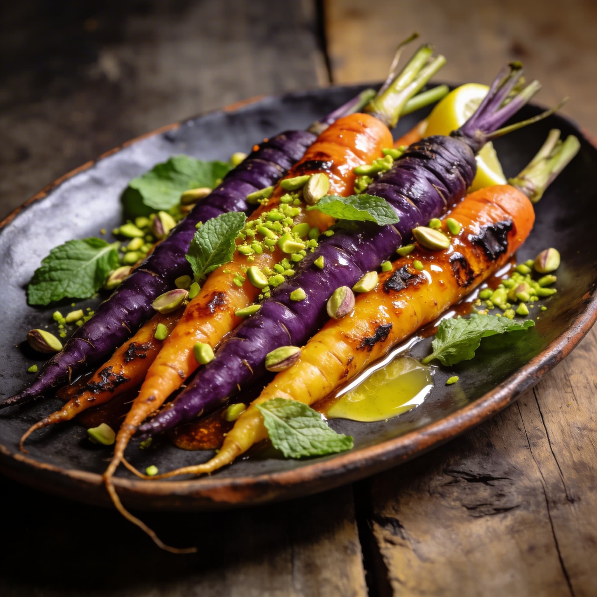 Hearth-Charred Harissa Carrots with Pistachio & Mint