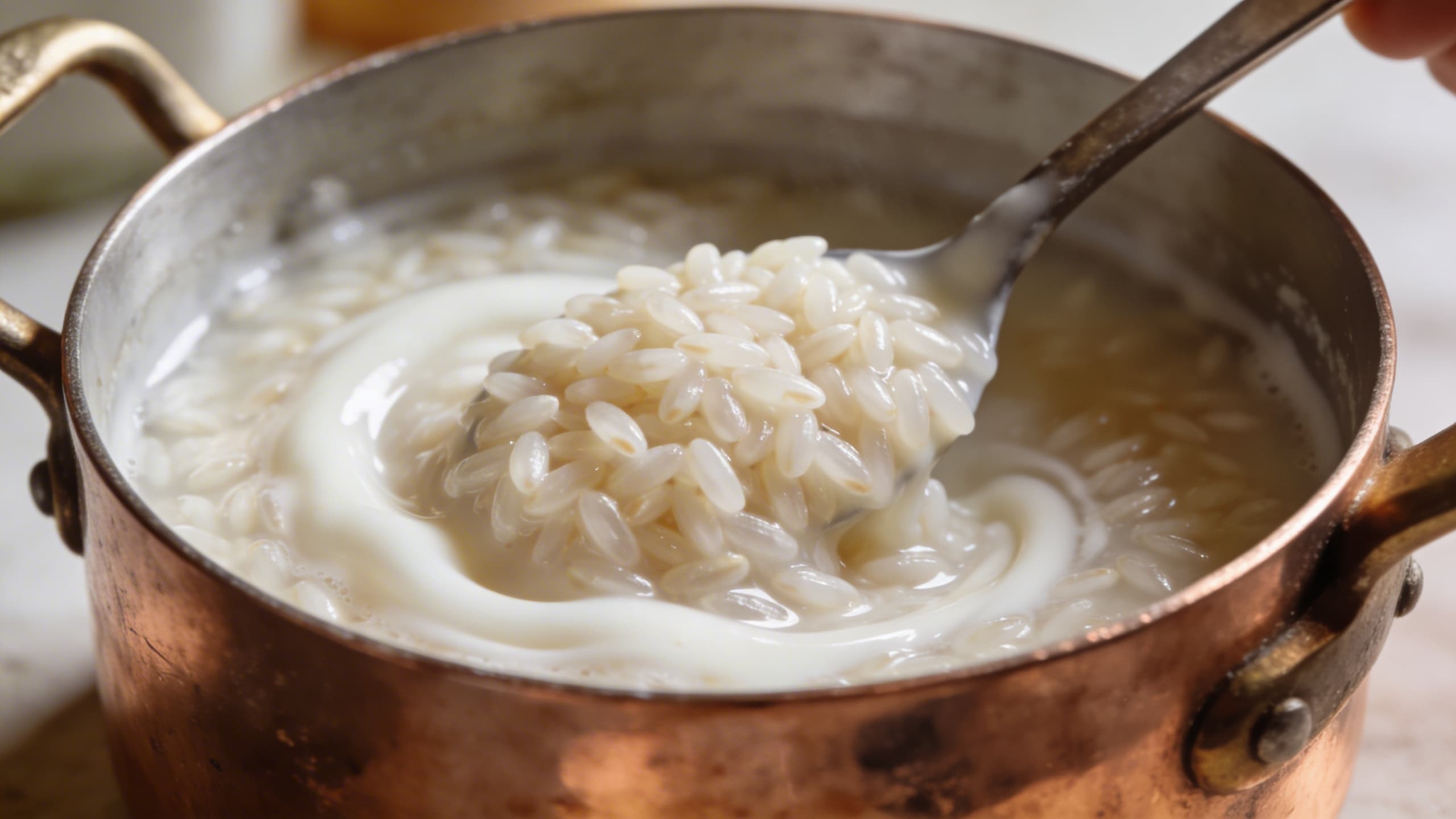 Image 1: A close-up of translucent risotto grains being stirred in a copper pot, showing the beginning of the creamy starch emulsion.