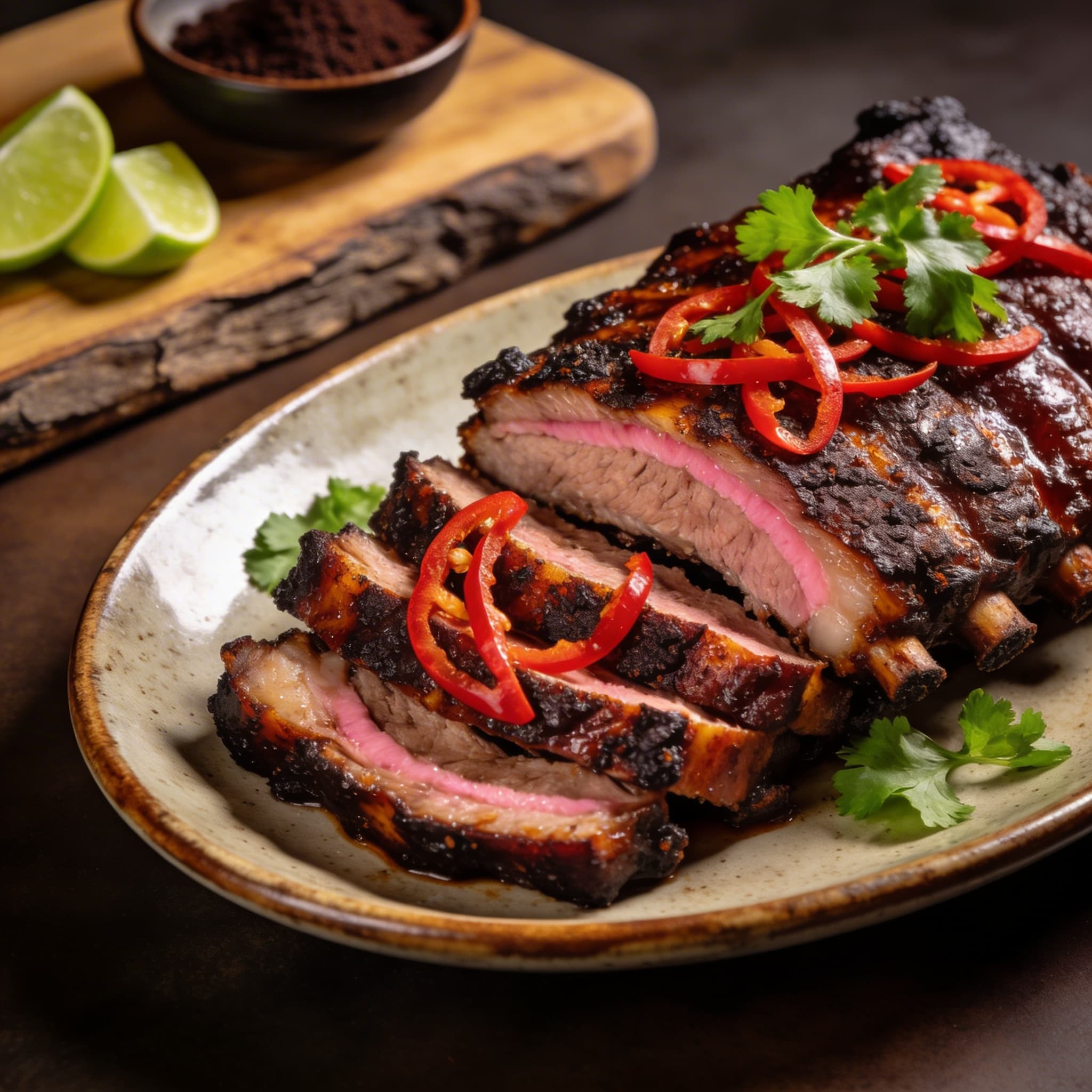 Hickory-Smoked Espresso Rubbed Ribs with Pickled Fresno Chilies
