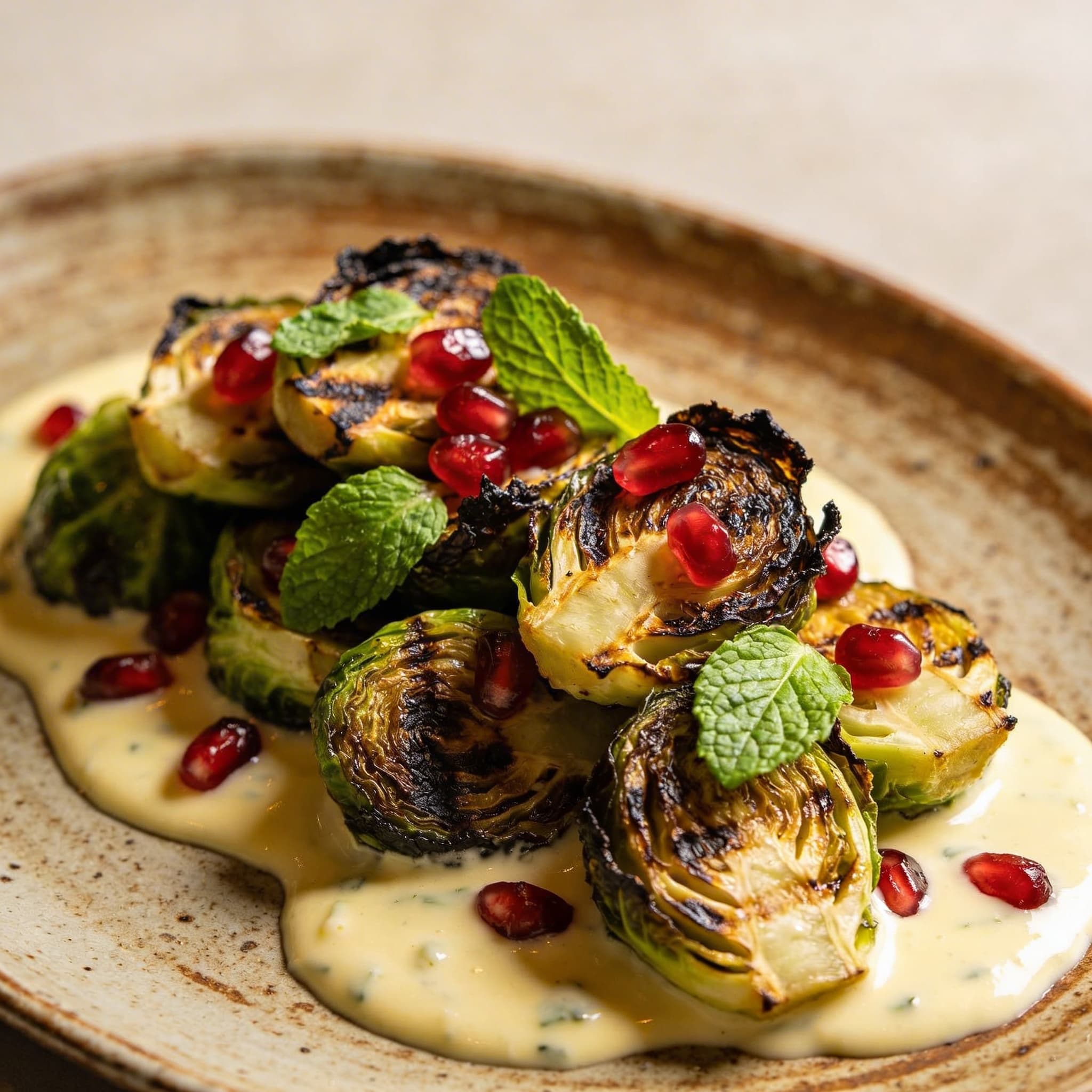 Hearth-Charred Brussels Sprouts with Lemon Tahini & Pomegranate