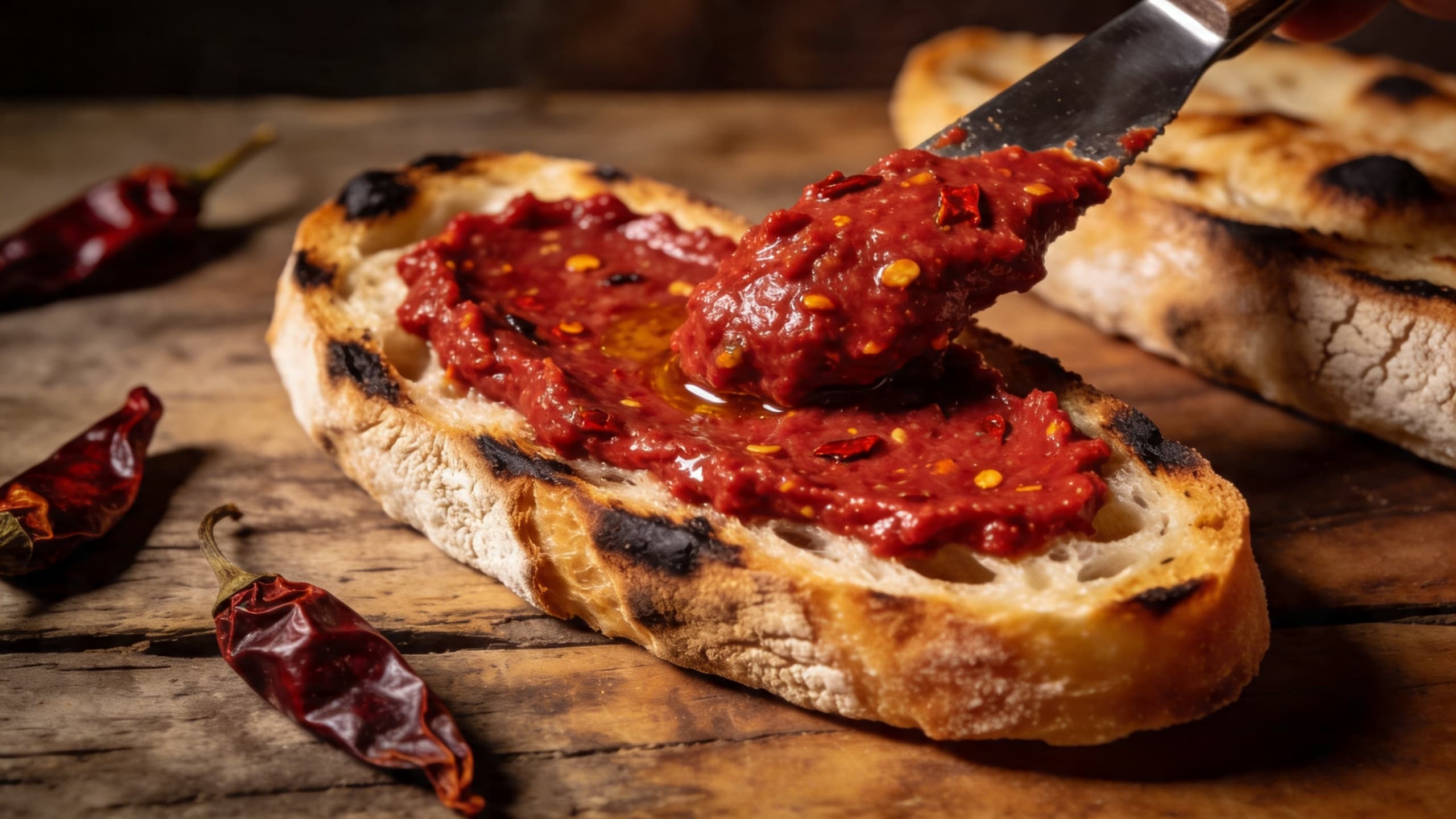 A close-up of vibrant, crimson 'Nduja being spread onto charred sourdough, showing its soft, oily texture and flecks of Calabrian chili.