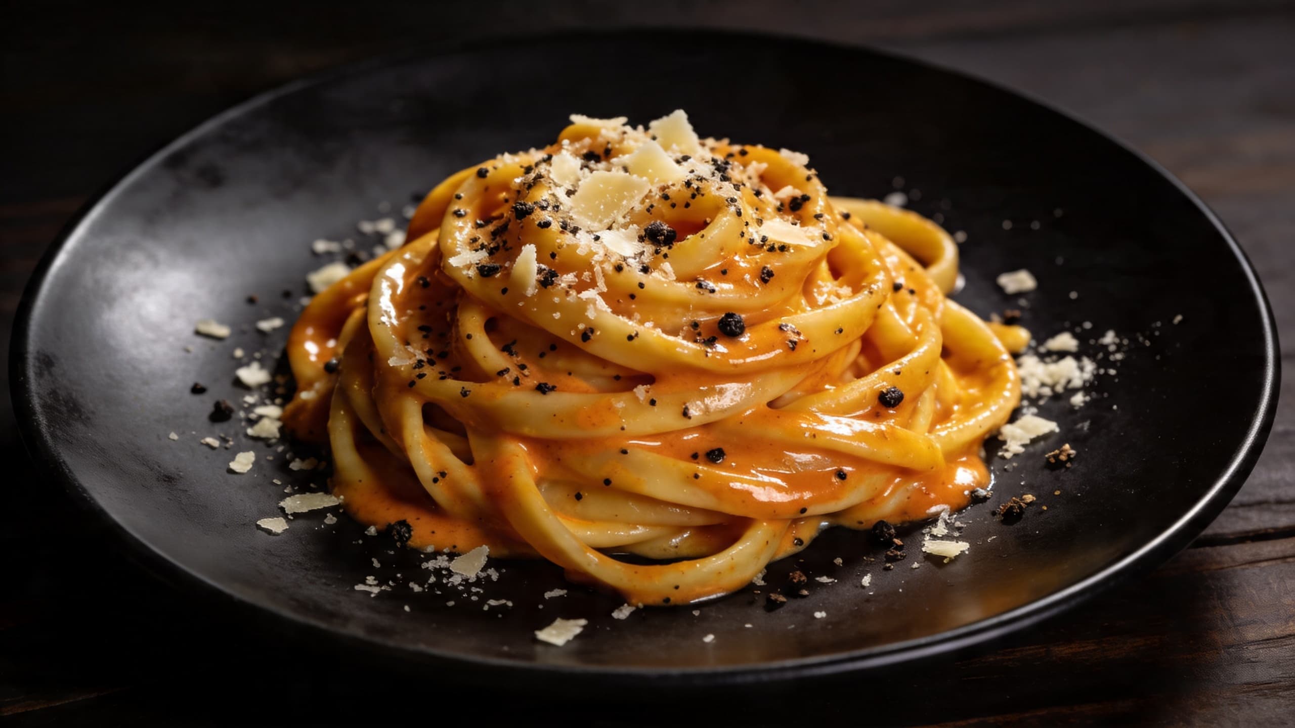 A close-up of Cacio e Pepe pasta, the strands coated in a silky, golden-orange sauce, topped with coarse black pepper and a dusting of Pecorino.