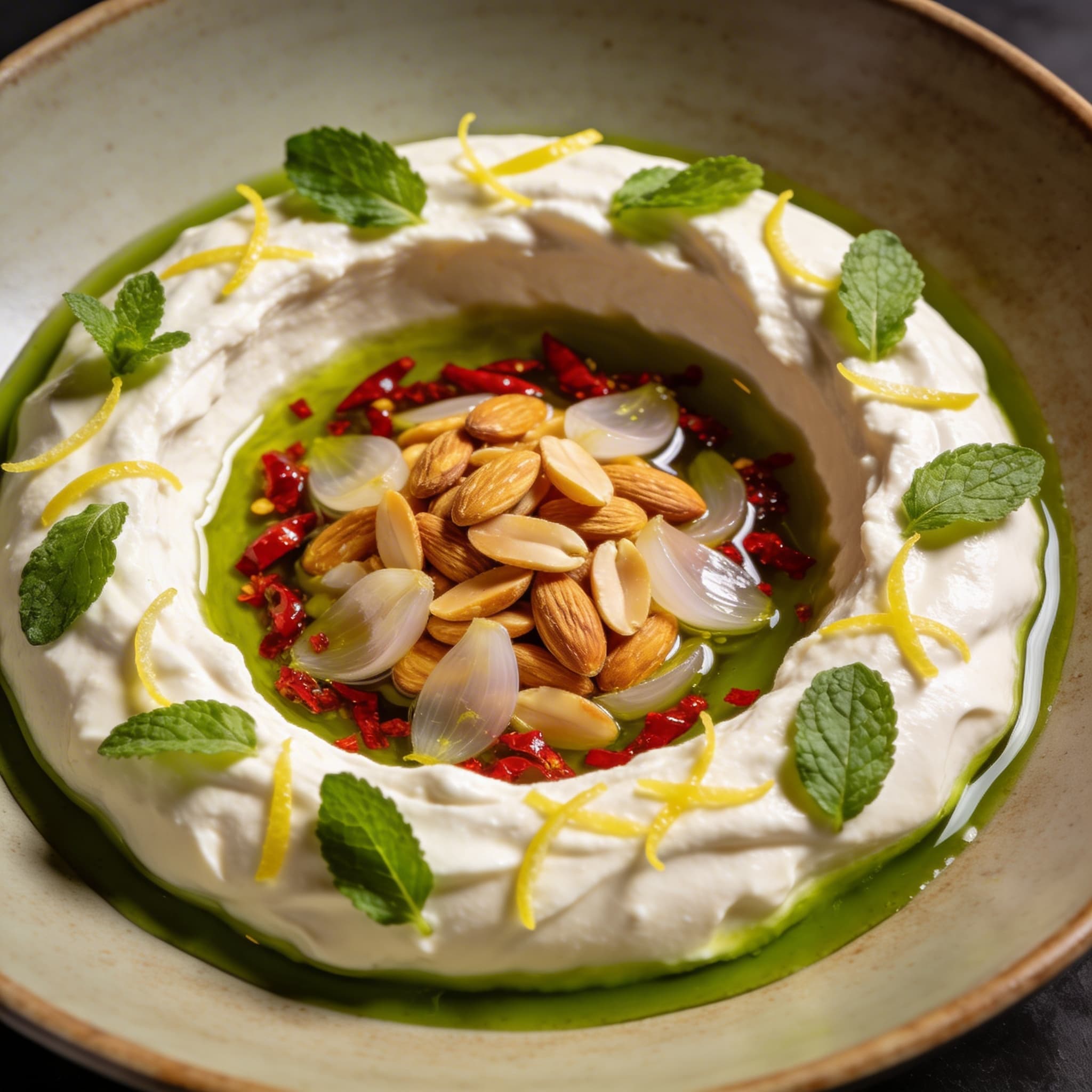 Chili-Crunch Almonds over Silk-Road Labneh