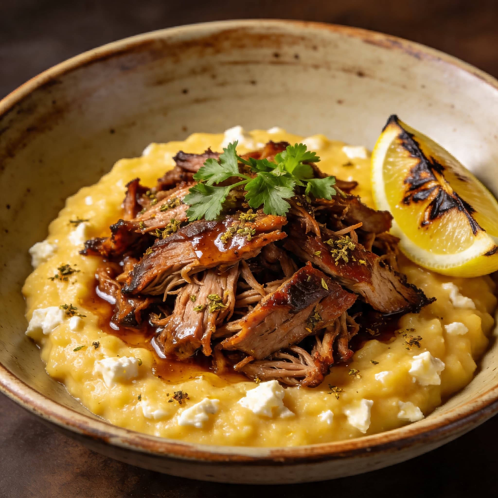 Hickory-Smoked Greek Lamb over Feta Polenta