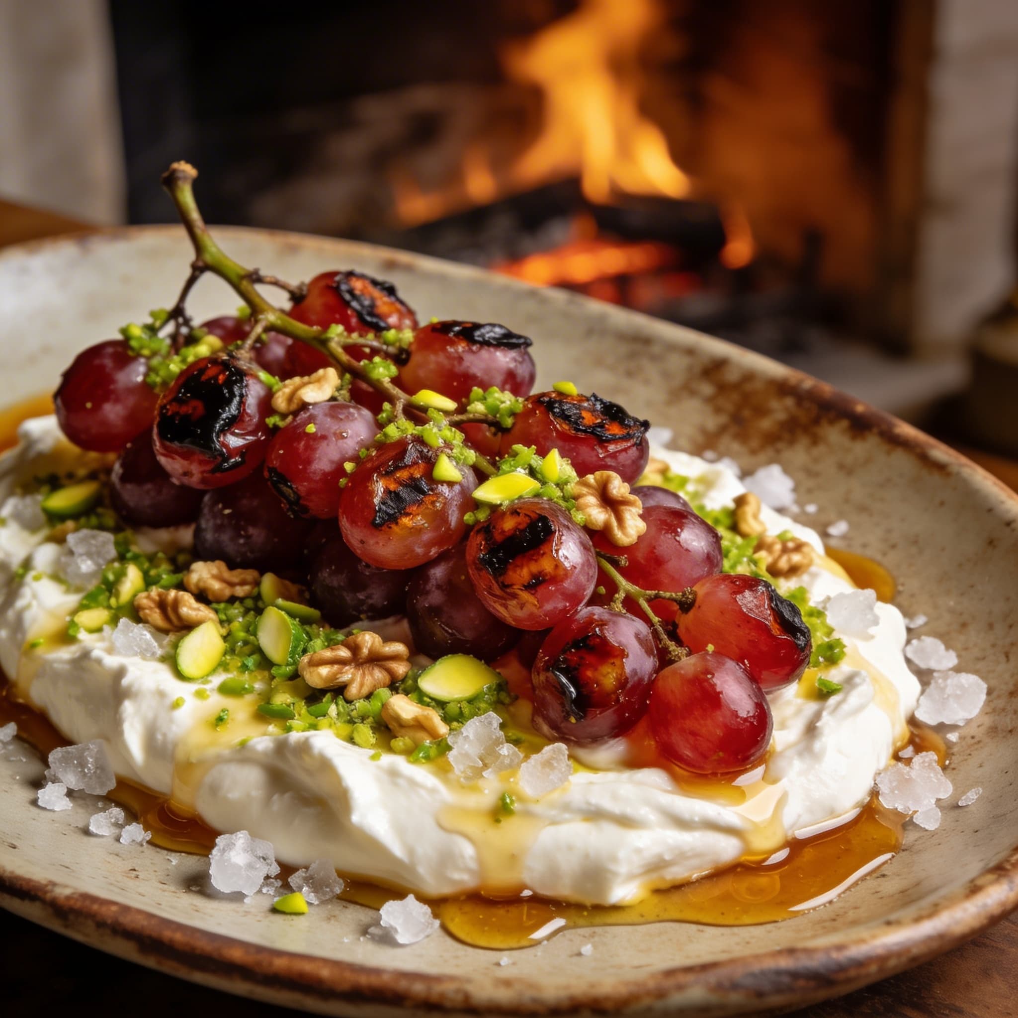 Hearth-Charred Grapes with Walnut Gremolata & Labneh