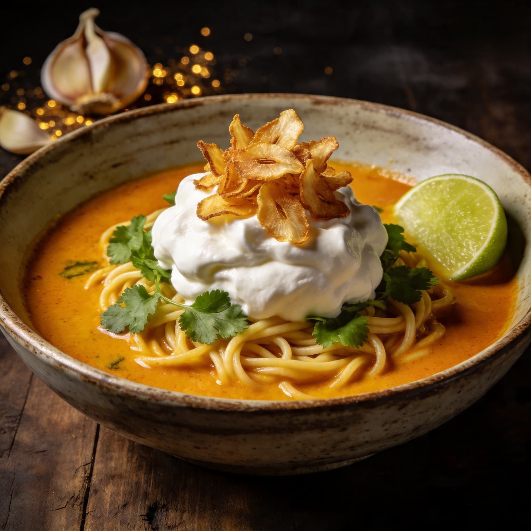 Khao Soi with Burrata Crema and Crispy Garlic