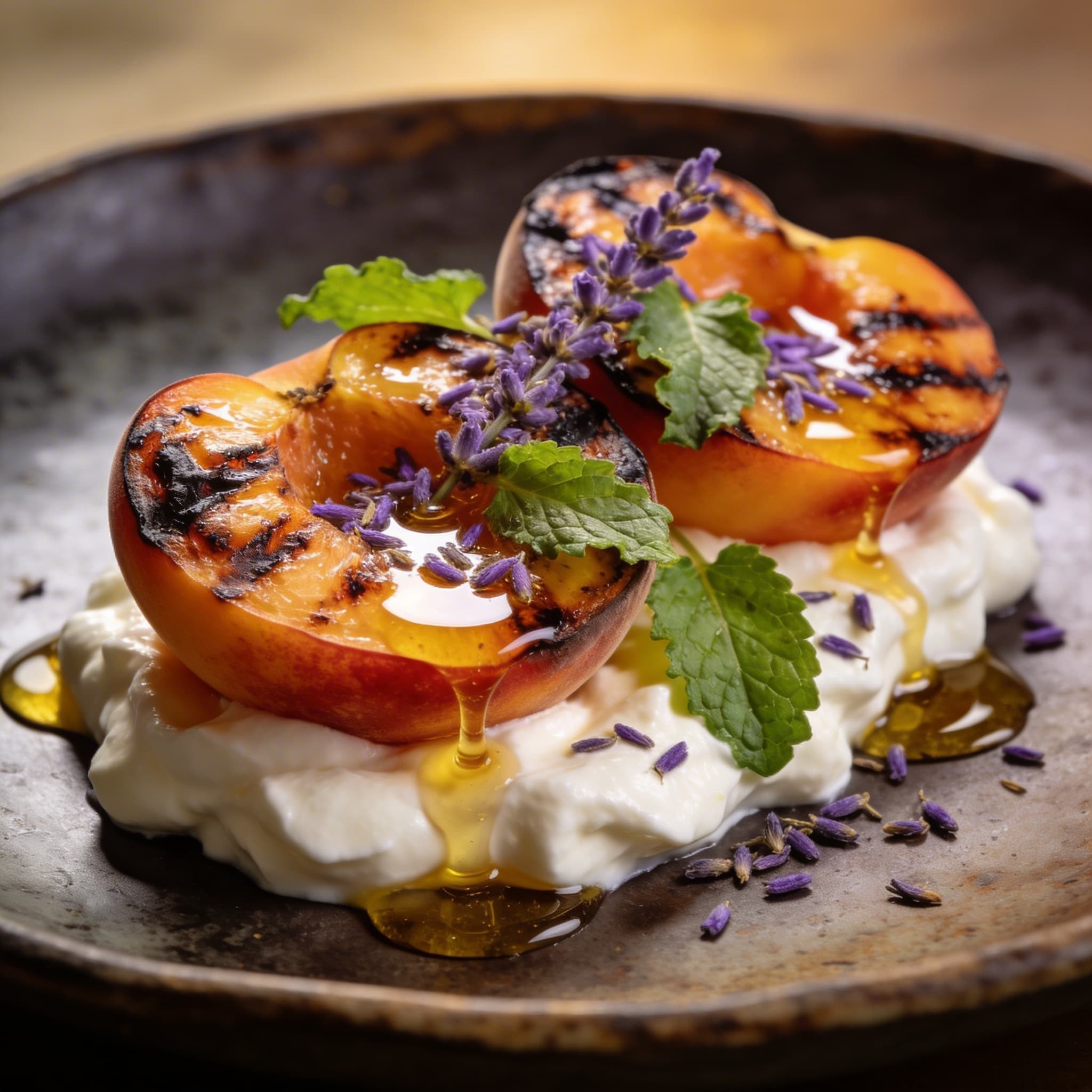 Hearth-Charred Peaches with Lavender Honey & Mascarpone