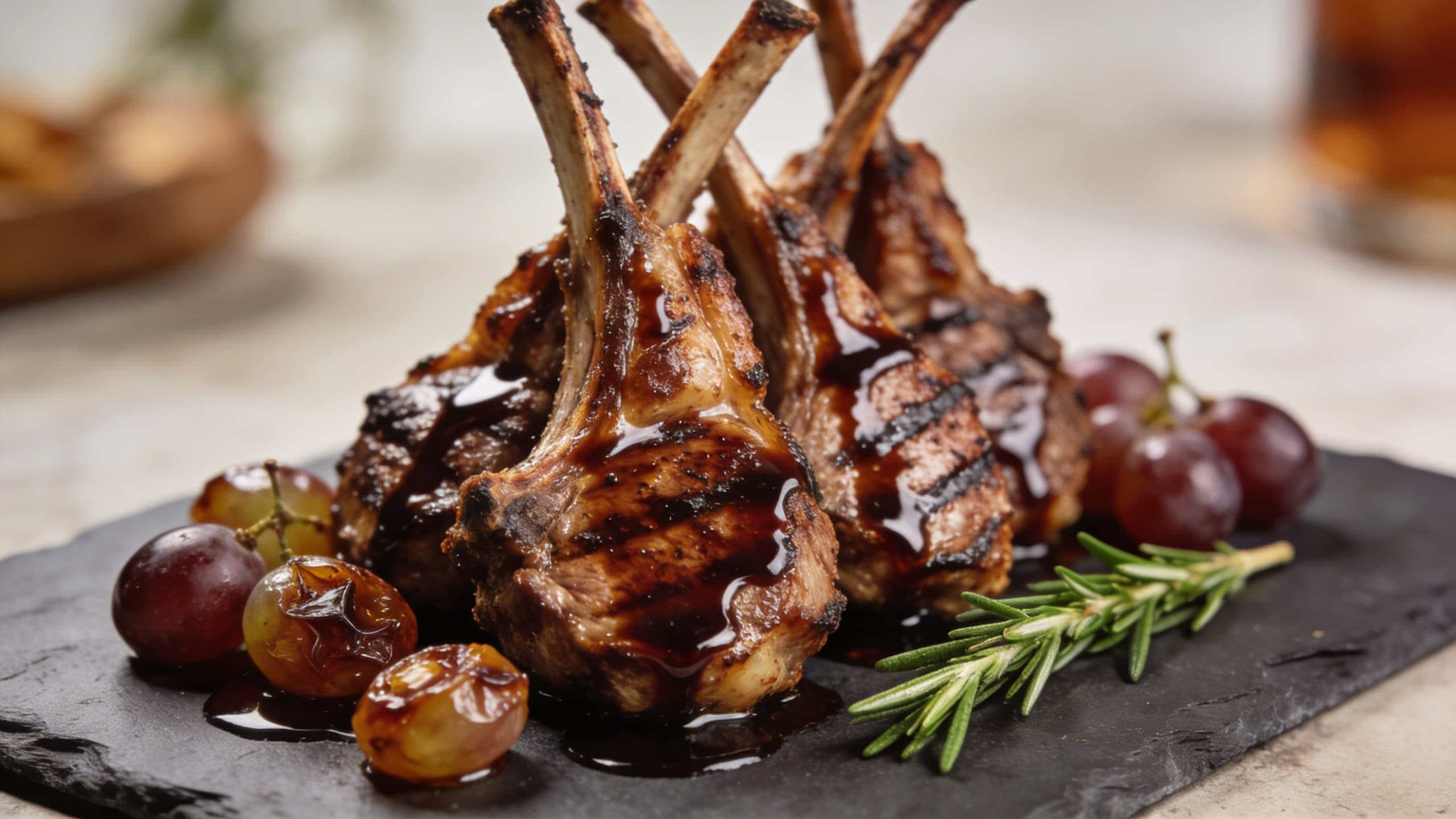 Image 2: Perfectly grilled lamb chops vertically plated, draped in a glossy balsamic glaze with whole blistered grapes and a sprig of fresh rosemary.