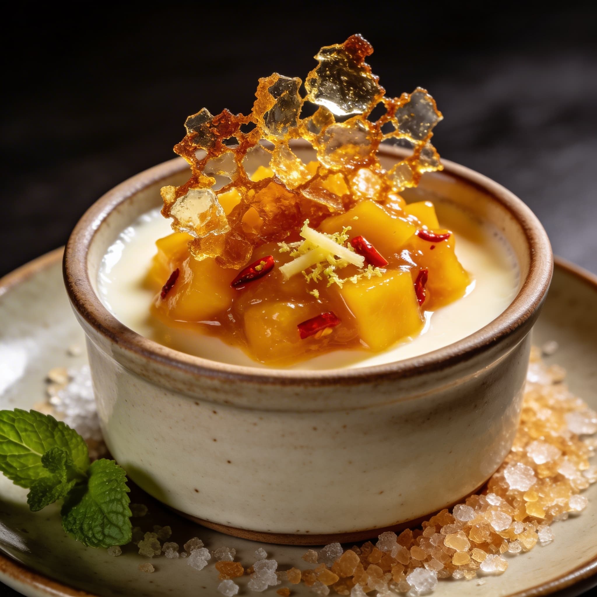 Mexican Vanilla Panna Cotta with Ginger-Chili Mango Brûlée