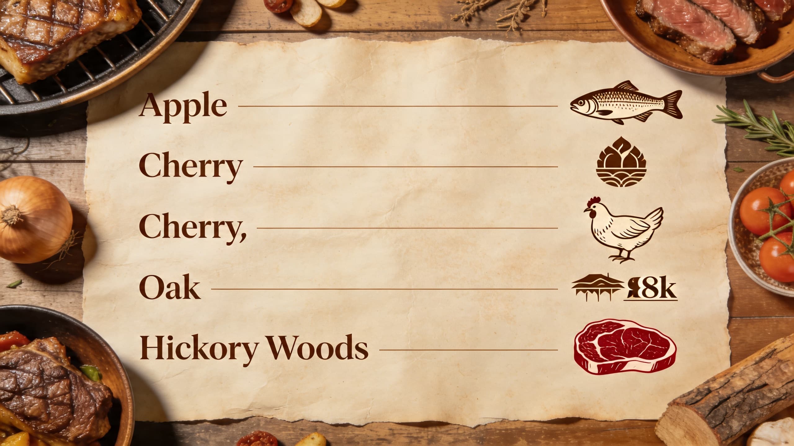 A chart showing flavor profiles: matching light woods like Alder with seafood, and heavy woods like Oak with beef.