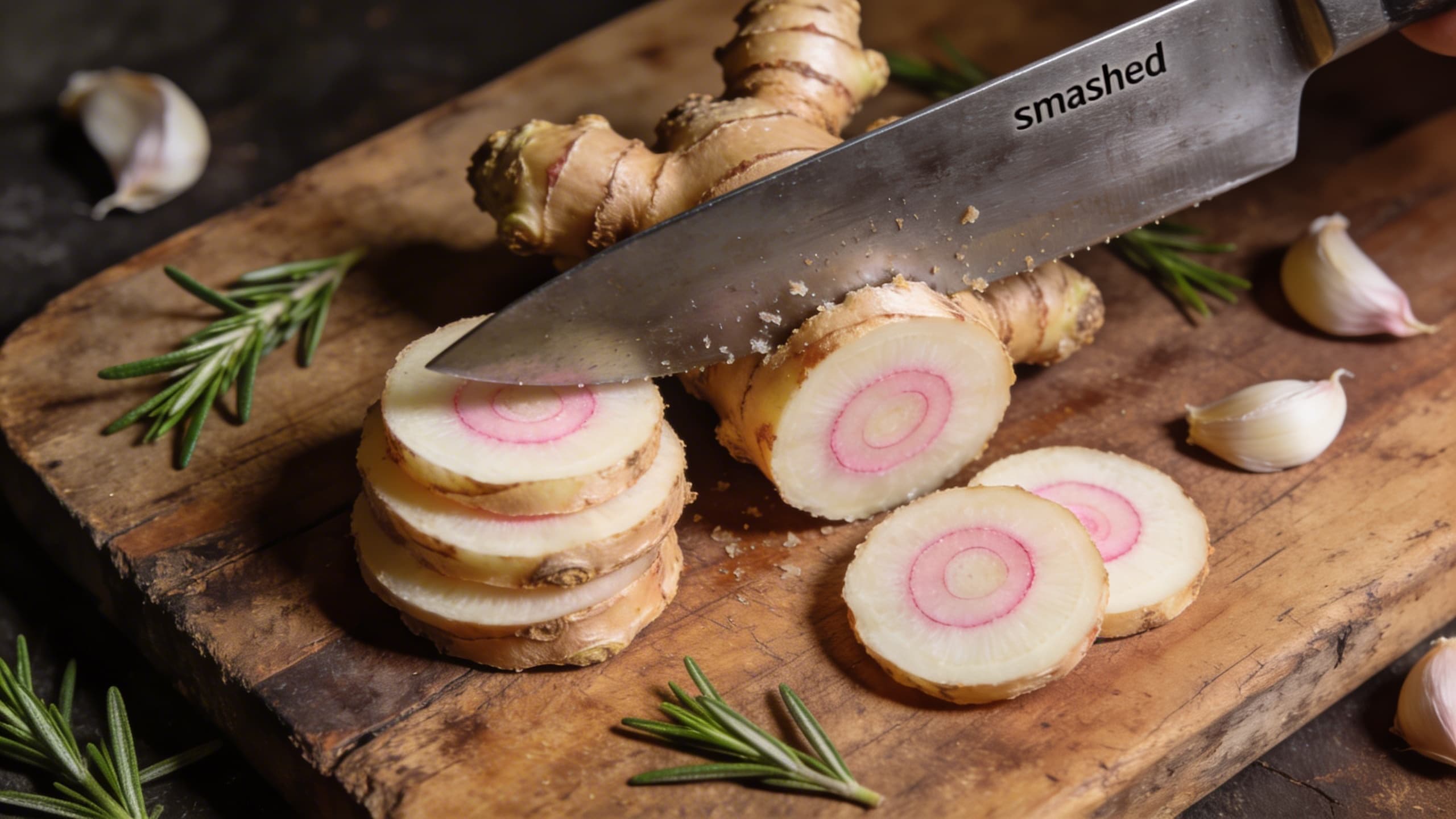 Image 1: The proper way to slice and smash galangal coins to maximize surface area for flavor extraction while keeping the pieces large enough to remove easily.