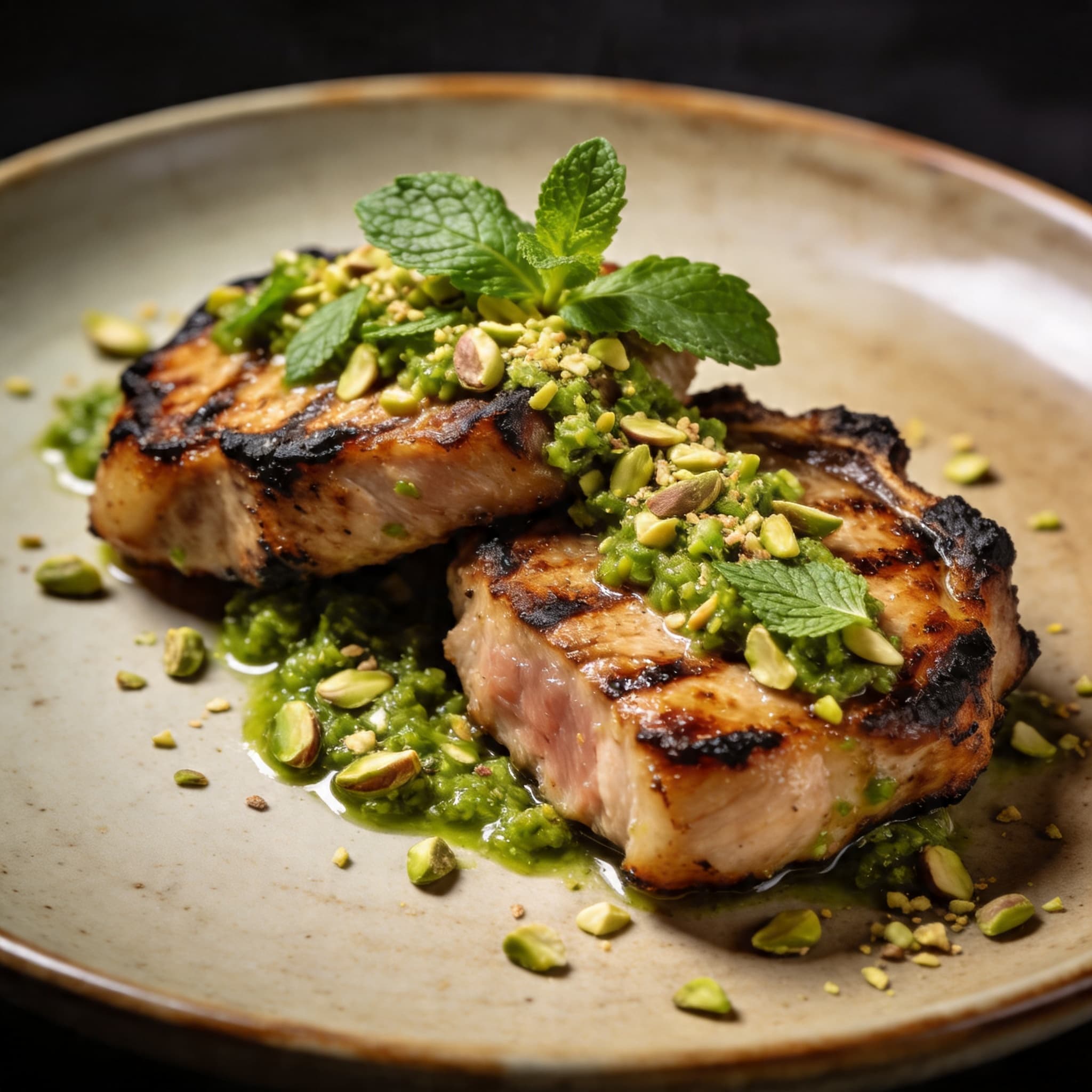 Charred Mediterranean Pork Chops with Pistachio-Mint Gremolata