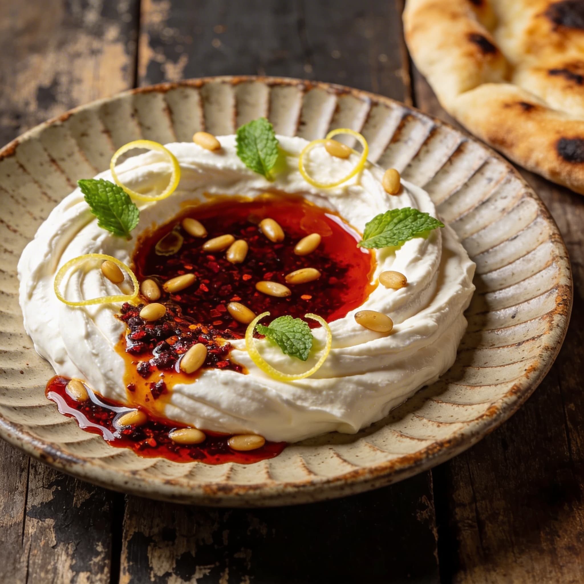 Sizzling Maras Butter Labneh with Toasted Pine Nuts