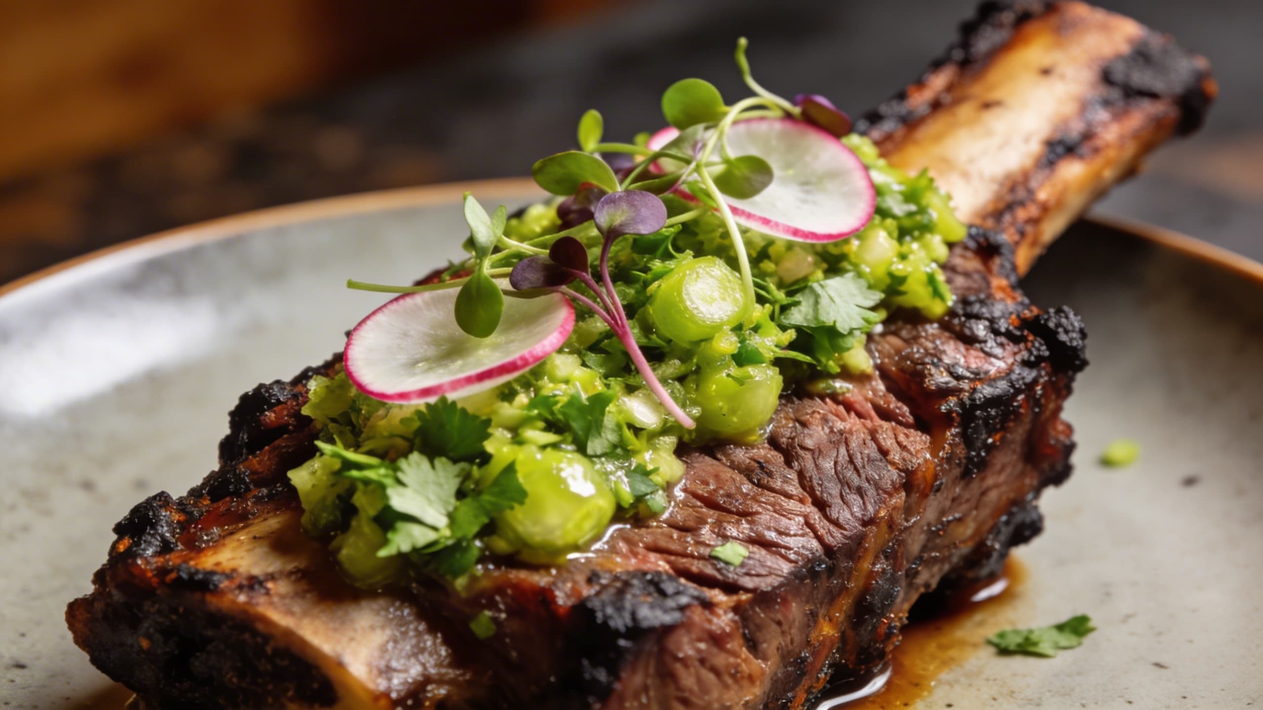 Fusion plating: A succulent, smoke-crusted beef rib topped with a vibrant, neon-green cilantro-lime gremolata, garnished with thin radish slices and micro-greens.