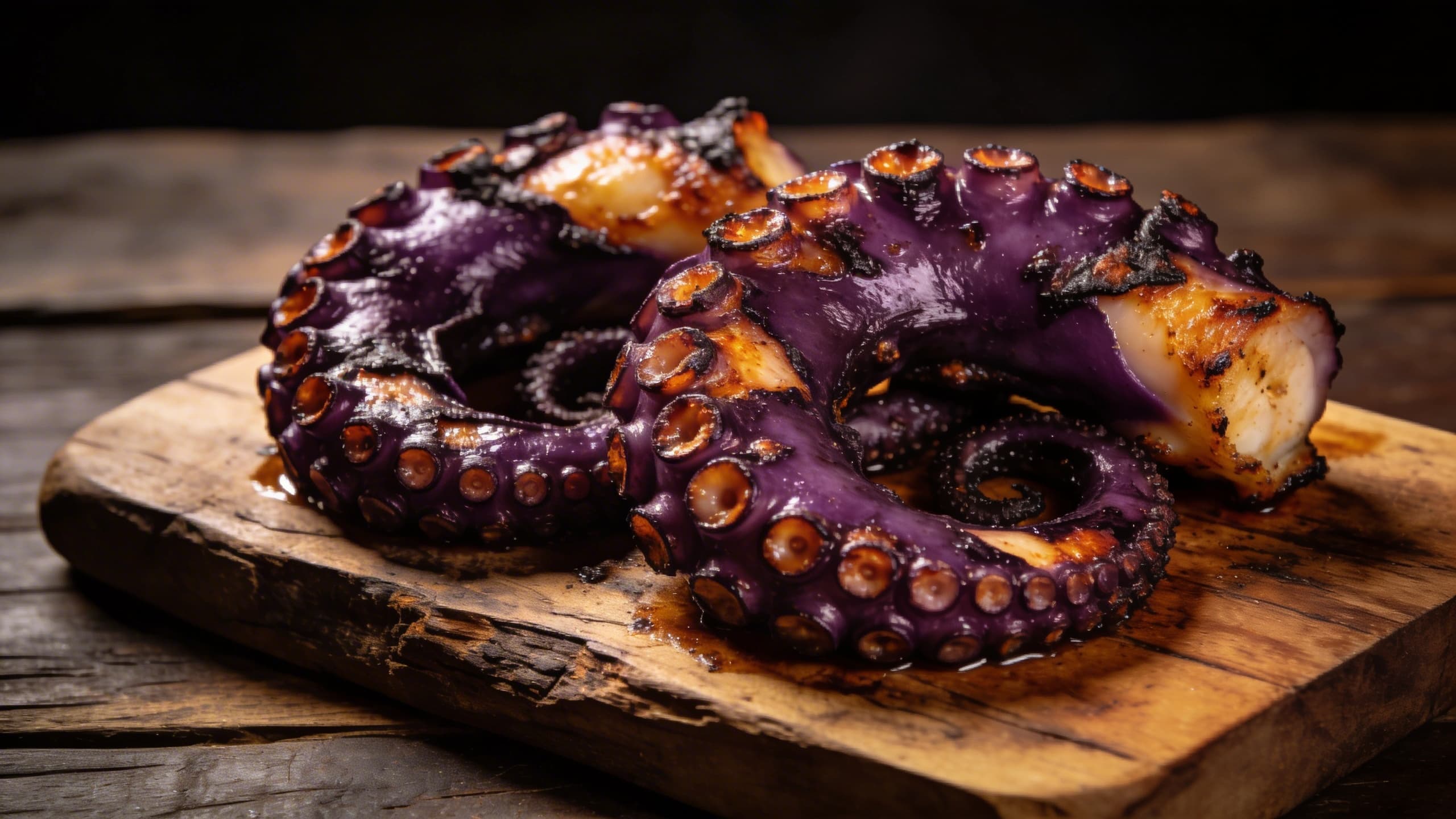 Image 1: A close-up of perfectly charred octopus tentacles with deep purple hues and crispy, caramelized suction cups resting on a rustic wooden board.