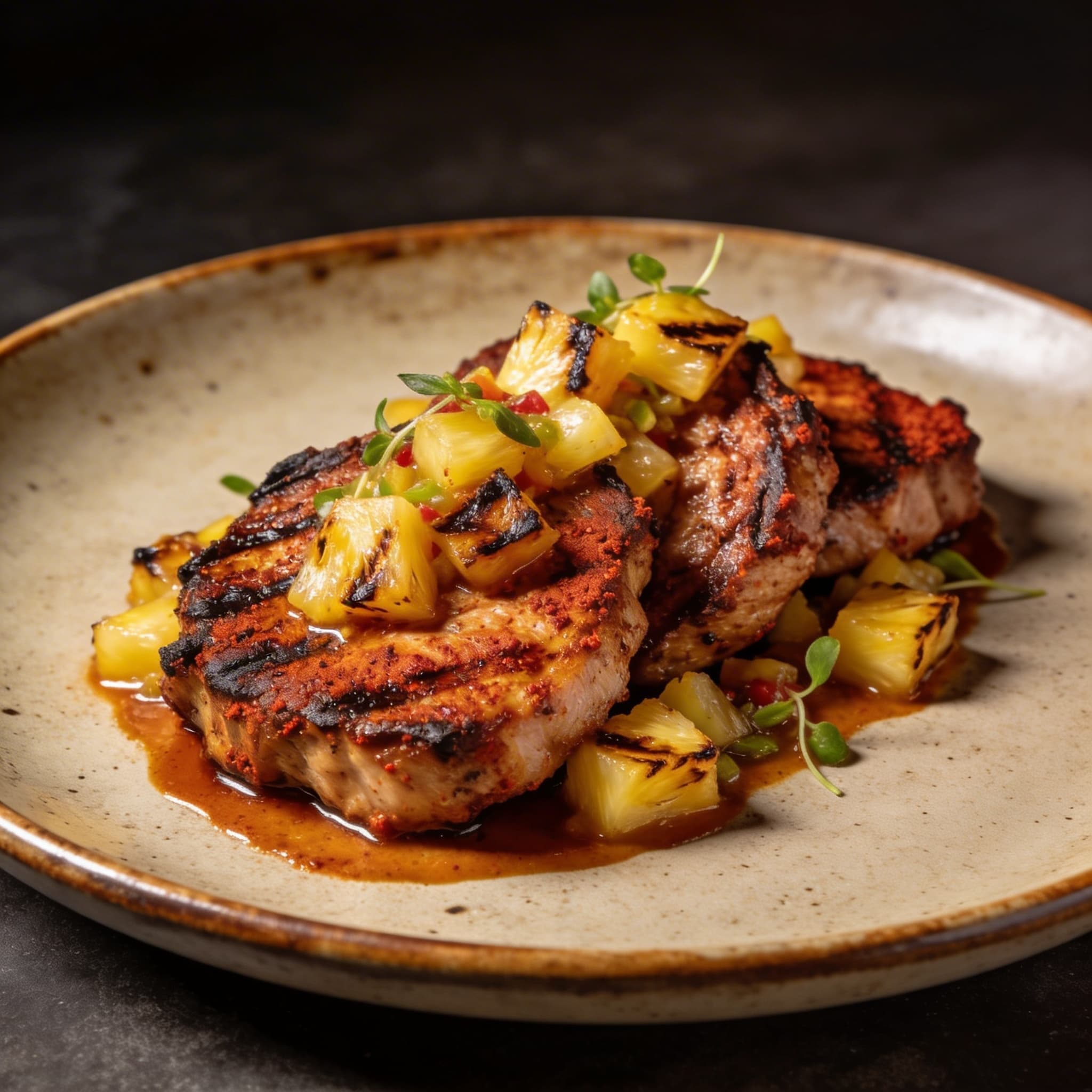 Achiote-Rubbed Grilled Pork Chops with Charred Pineapple Salsa