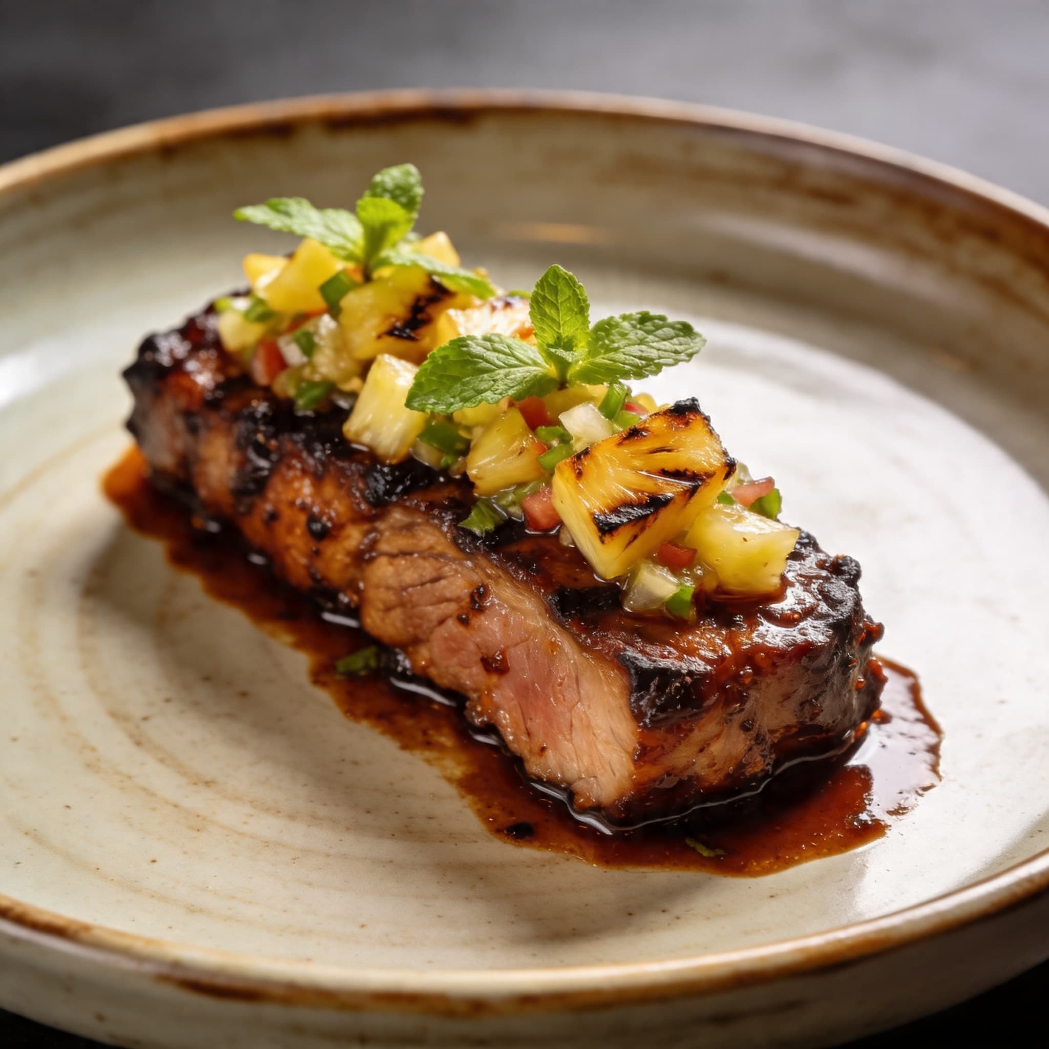 Smoky Chipotle Pork Collar with Charred Pineapple-Mint Salsa