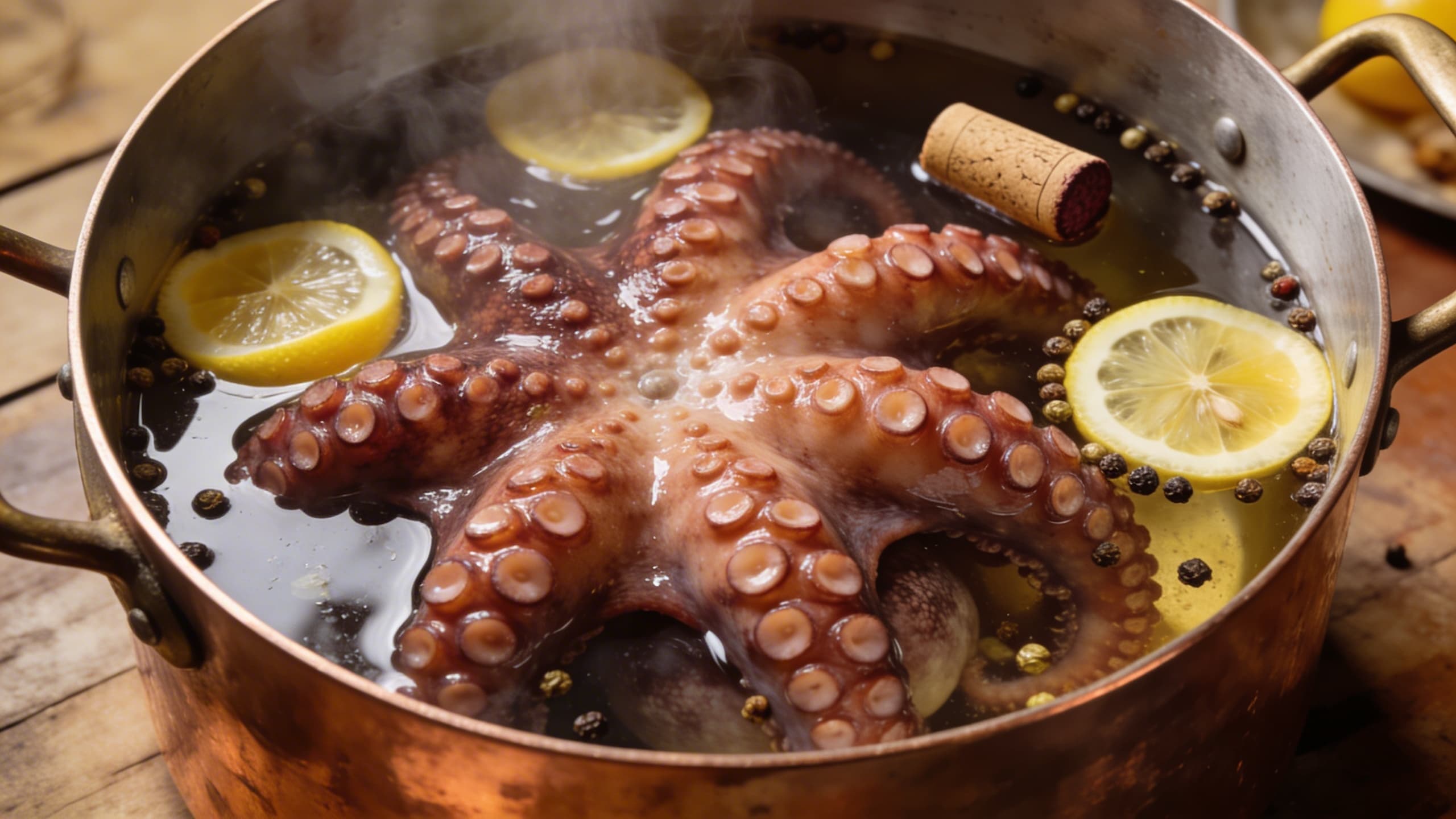 The initial stages of prepping octopus: cleaning and simmering in a fragrant broth of cork, peppercorns, and lemon.