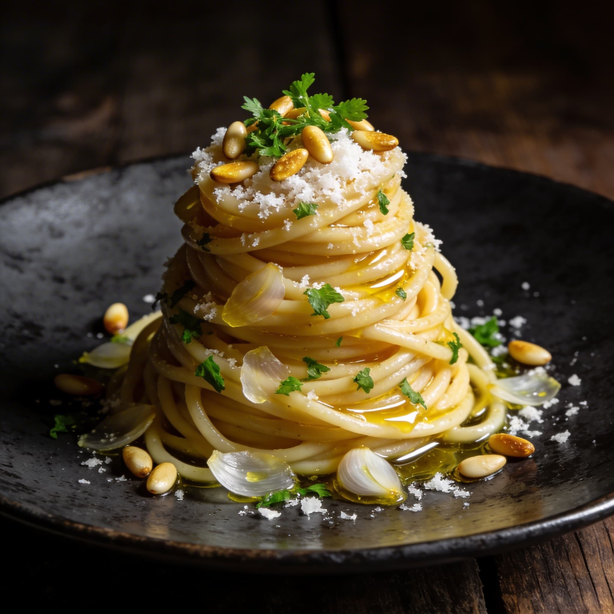 Elevated Spaghetti Aglio e Olio with Toasted Pine Nuts