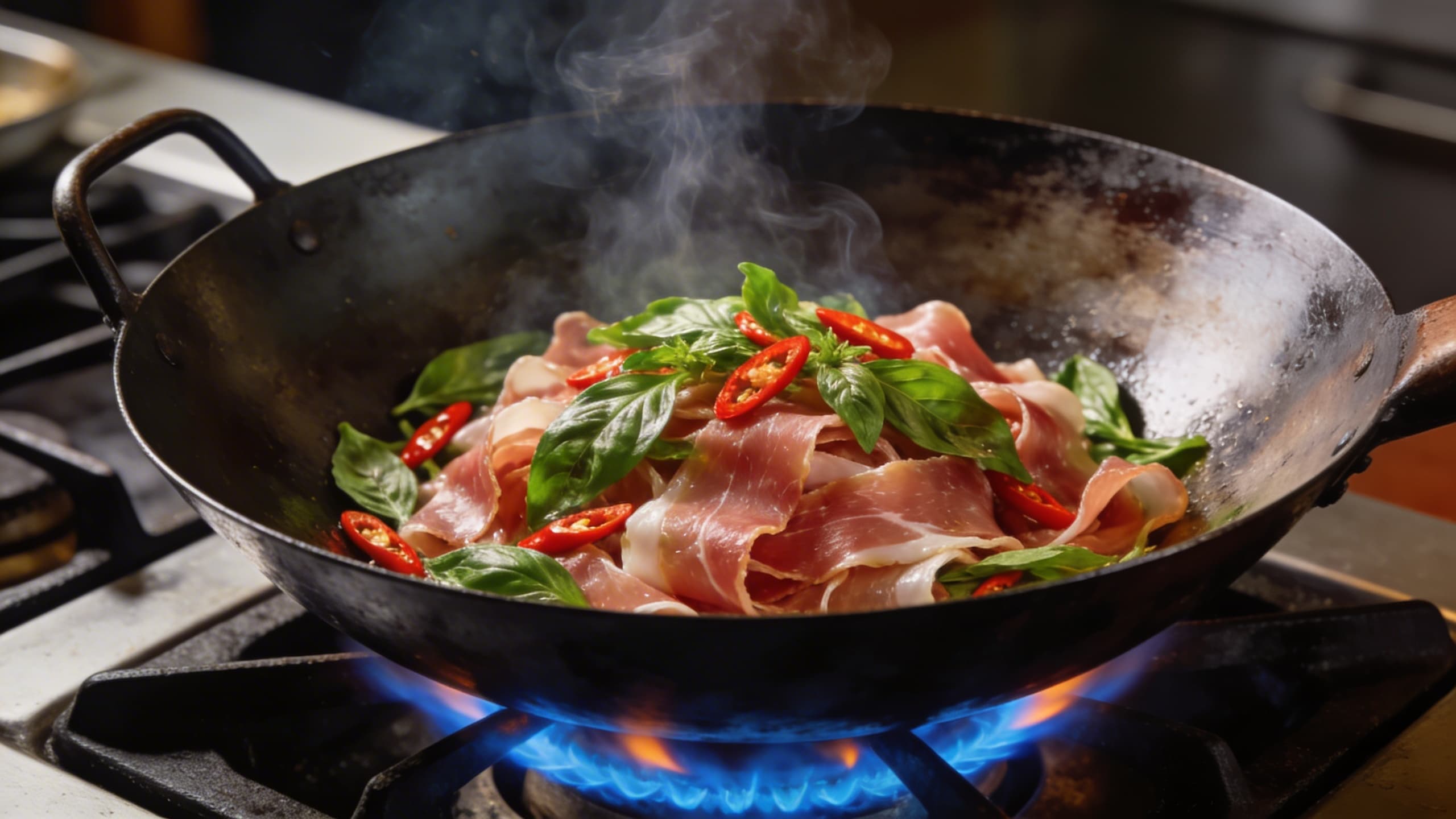 A fiery wok action shot where thin ribbons of prosciutto meet vibrant green holy basil over a high flame.