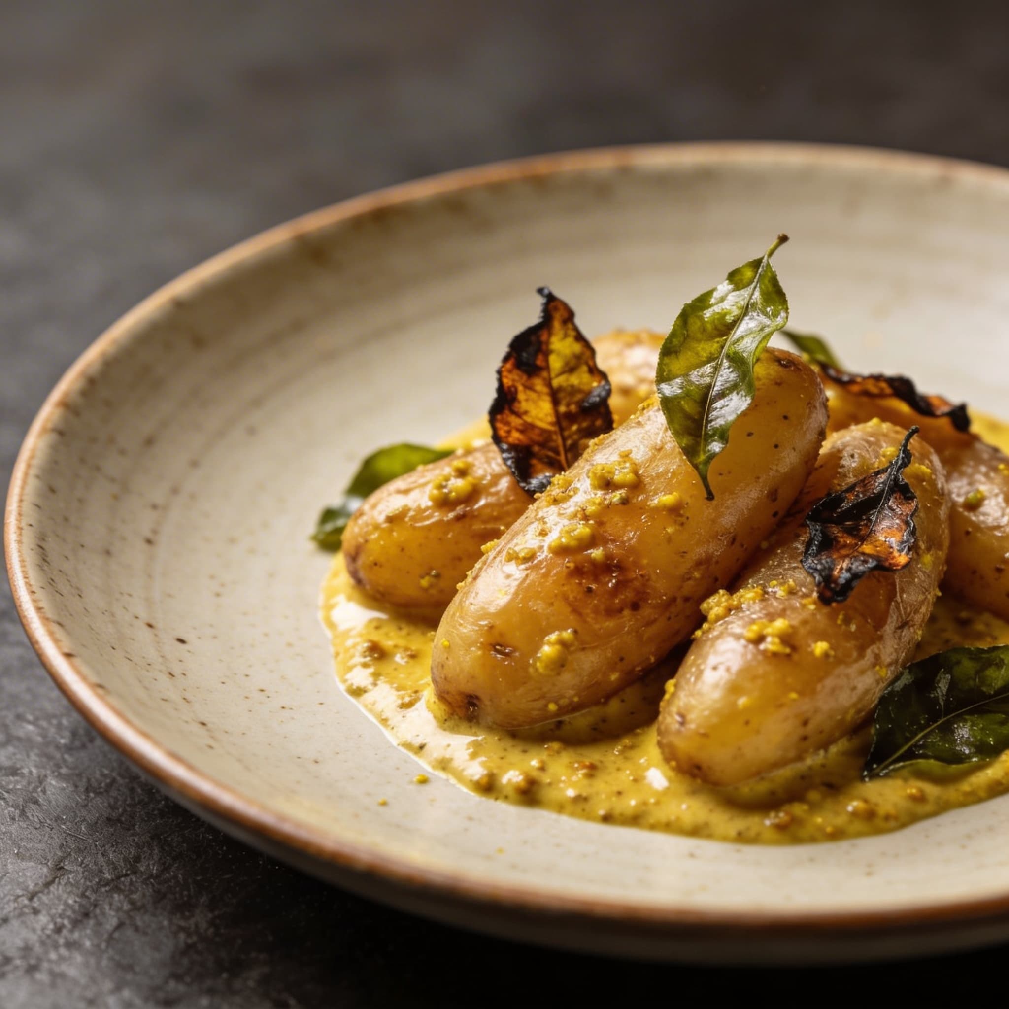 Mustard-Tempered Fingerling Potatoes with Blistered Curry Leaves