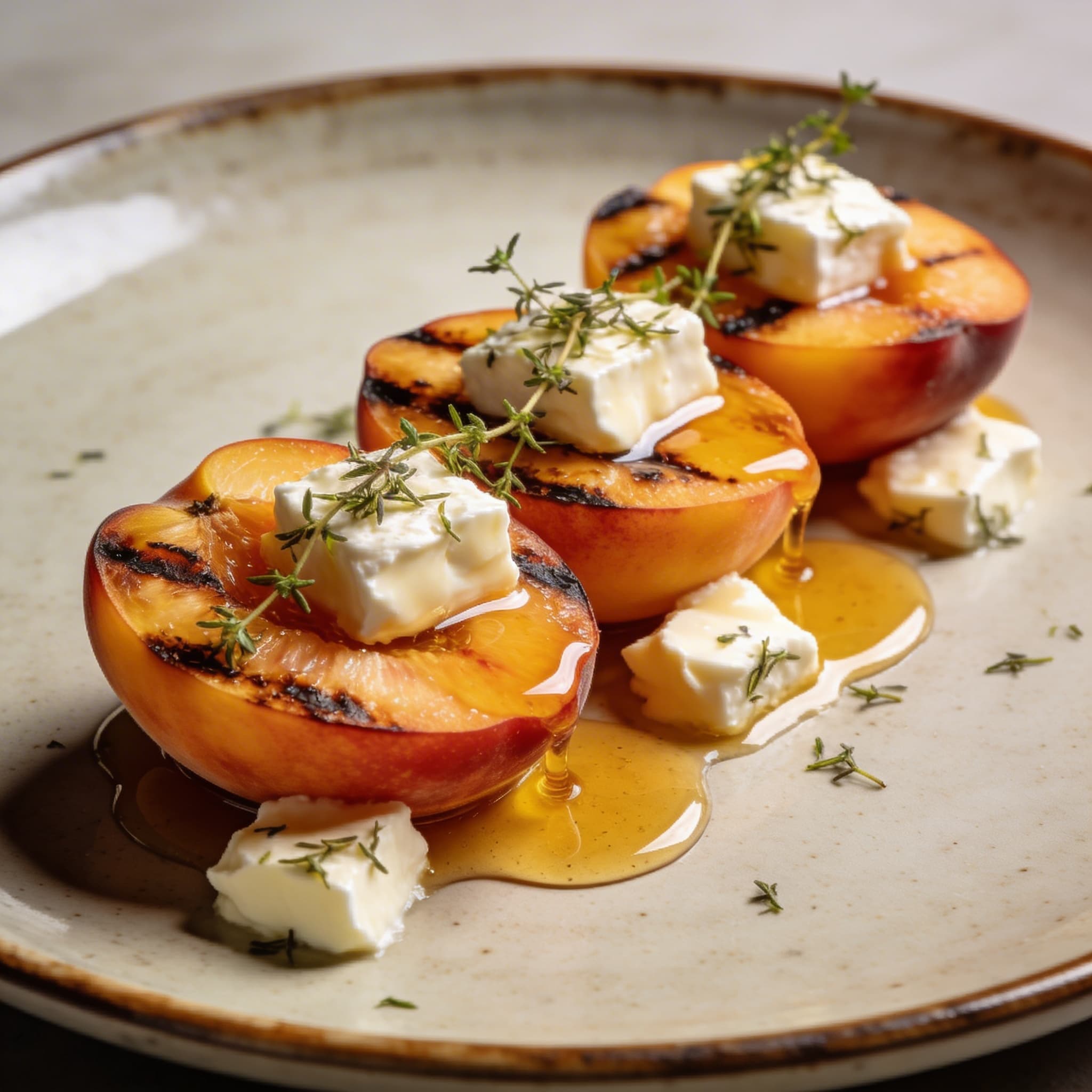 Grilled Peaches with Manouri and Thyme Honey