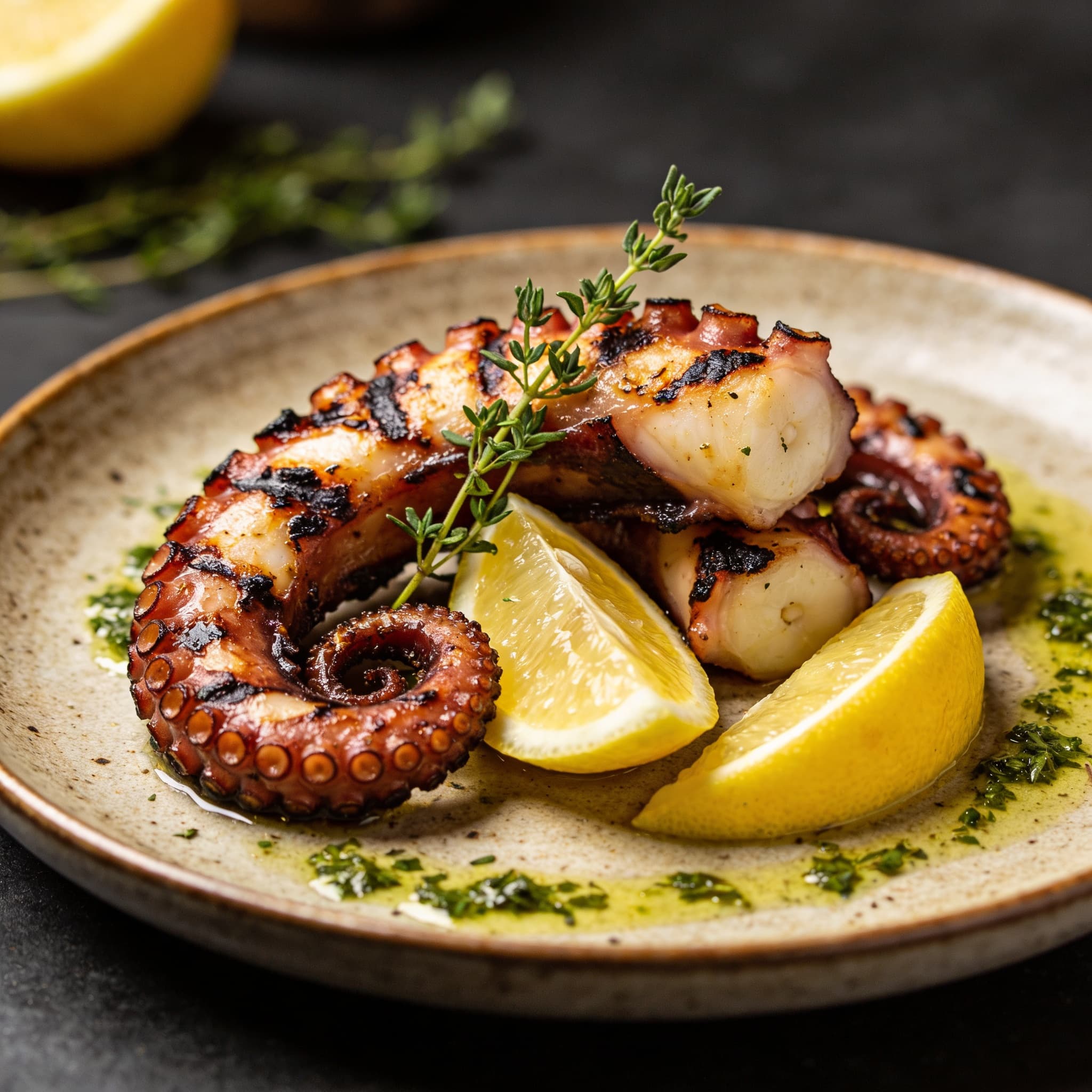 Charred Aegean Octopus with Lemon and Oregano Essence