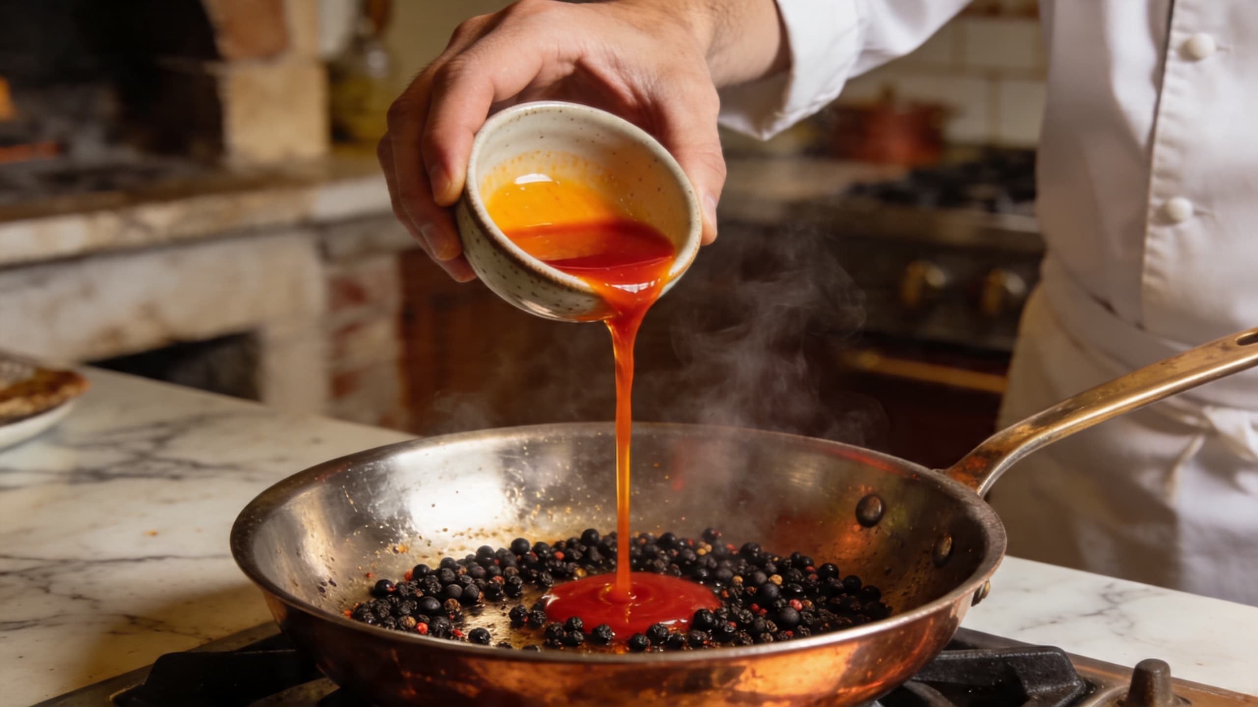 A chef carefully drizzling vibrant orange Dendê oil into a pan of toasted black peppercorns, the steam rising in delicate swirls.