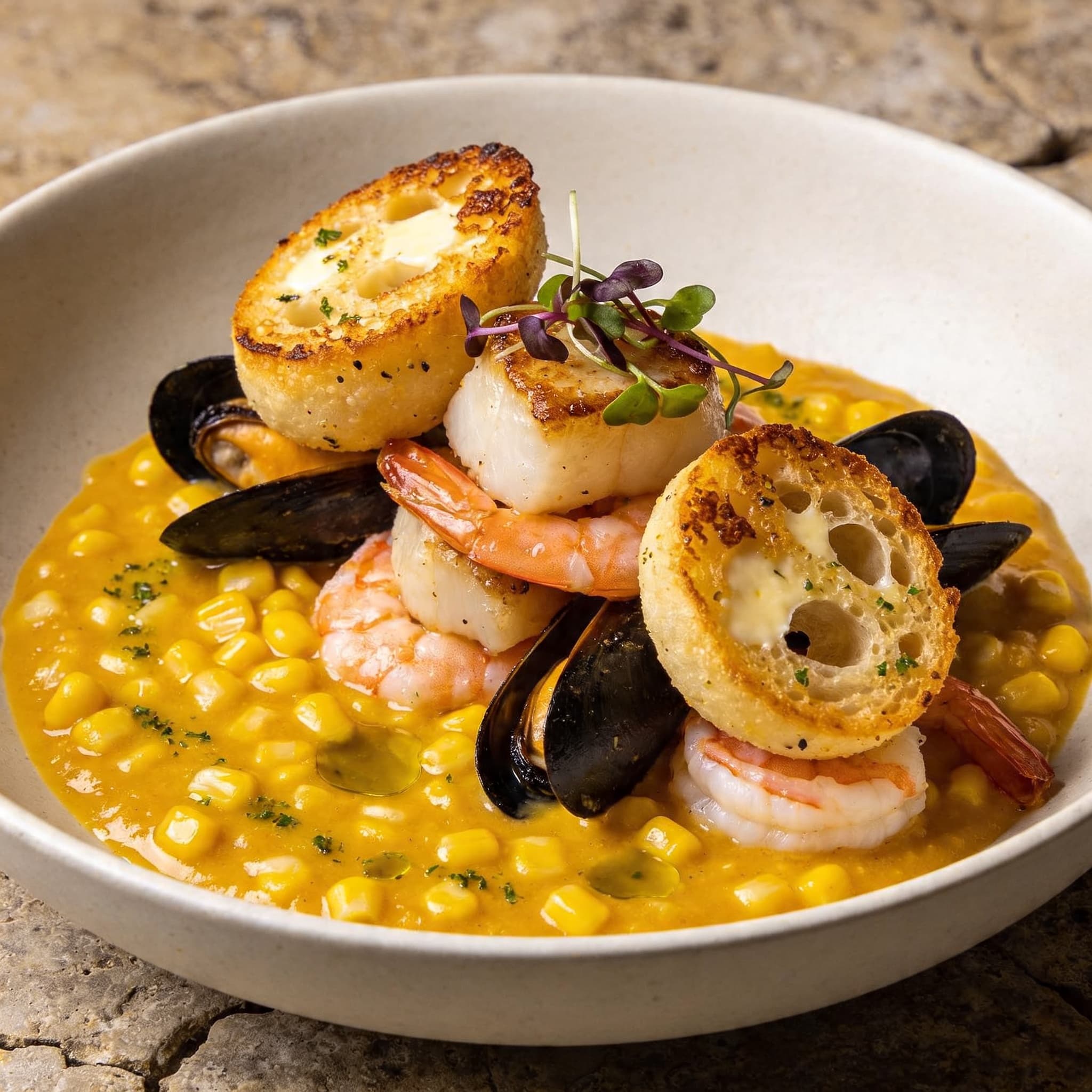 Provençal Seafood Bounty with Charred Corn & Pão de Queijo croutons