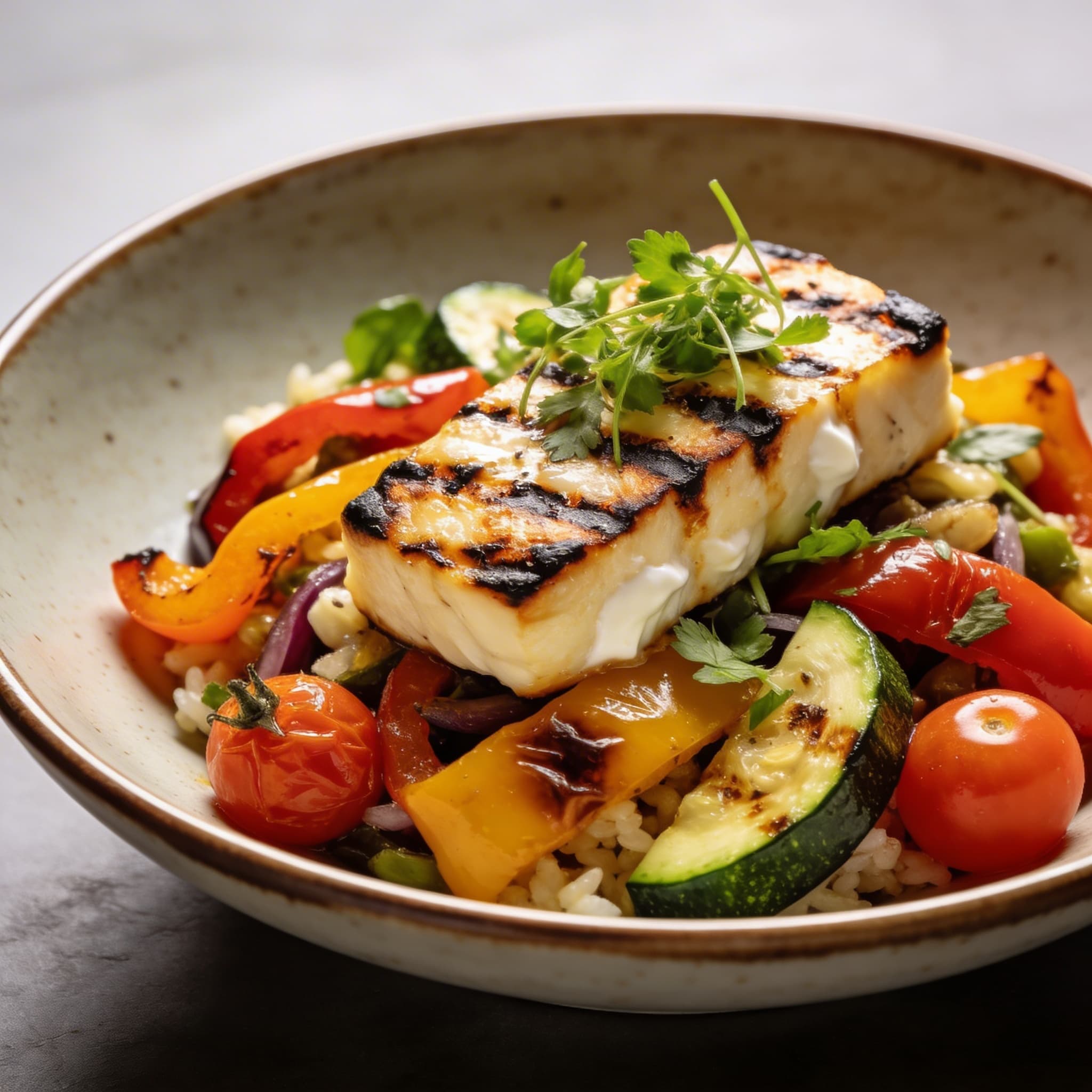 Hearth-Charred Halloumi & Mediterranean Veggie Lunch Bowl