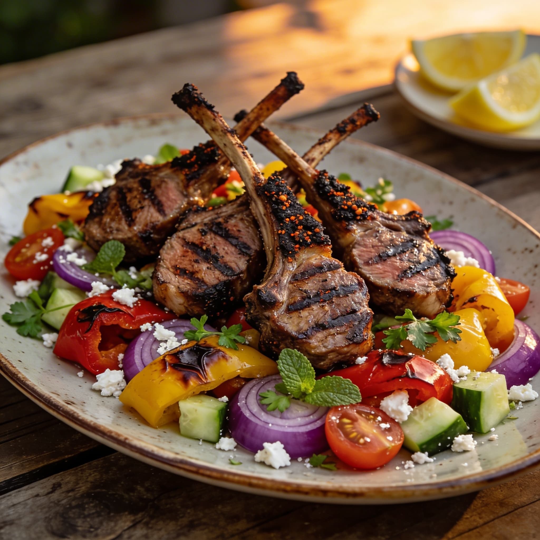 Smoky Aleppo Lamb Chops with Charred Mediterranean Salad