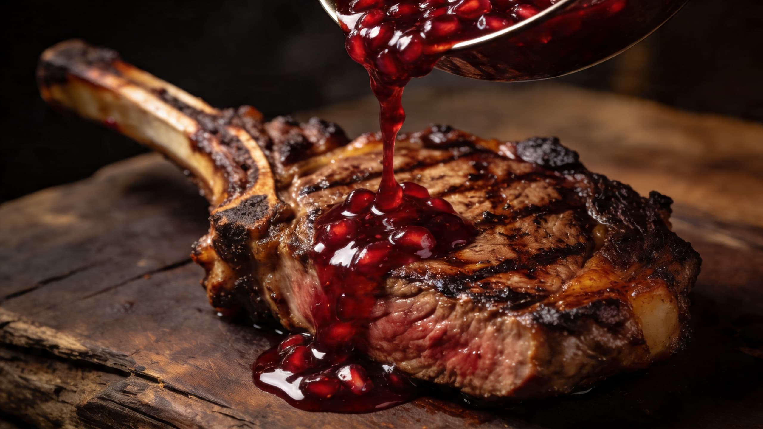 Rich, dark pomegranate glaze dripping slowly off a charred, perfectly seared ribeye