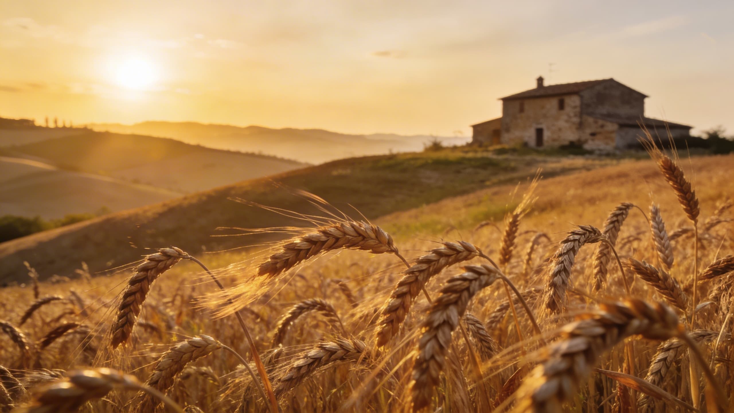Rustic farro fields in the Italian countryside under a golden sunset.