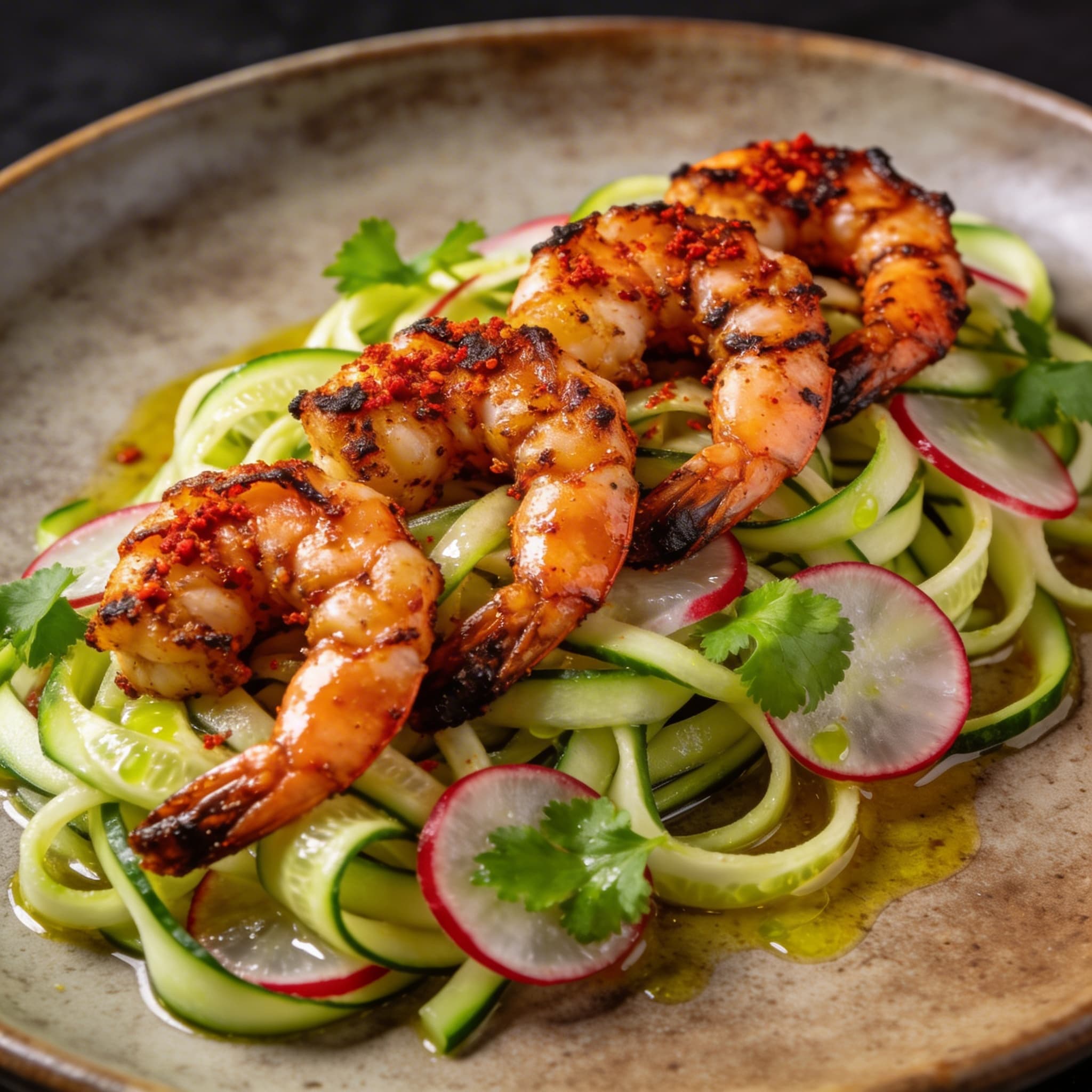 Smoked Chipotle Shrimp over Zesty Cucumber Ribbon Salad