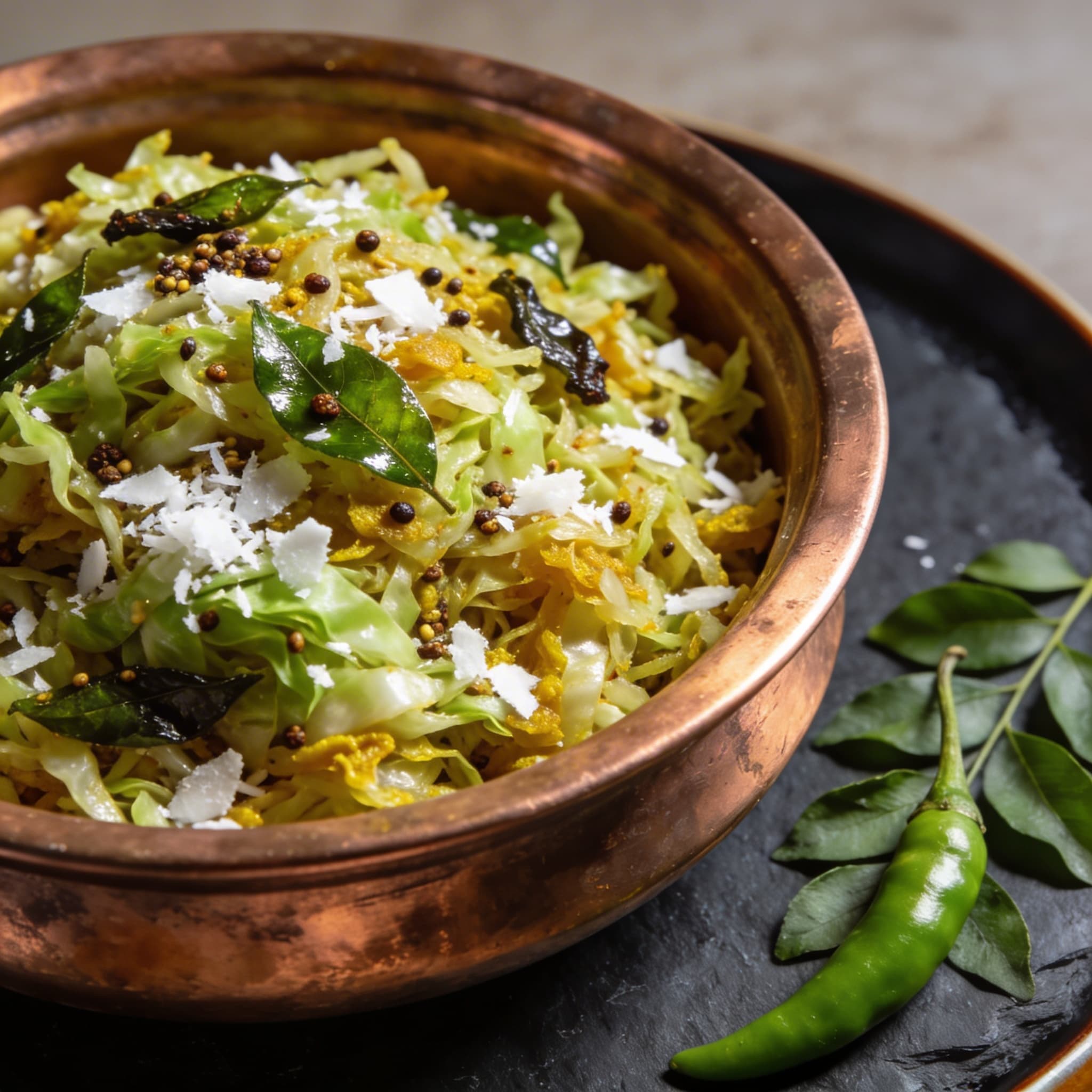 Cabbage Mallung with Blistered Curry Leaves