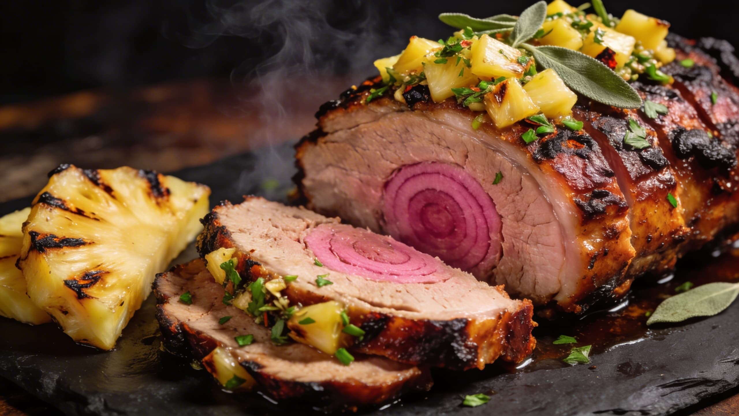 A perfectly sliced smoked pork loin topped with a tropical pineapple and sage gremolata, with visible charred bits and vibrant green herbs.