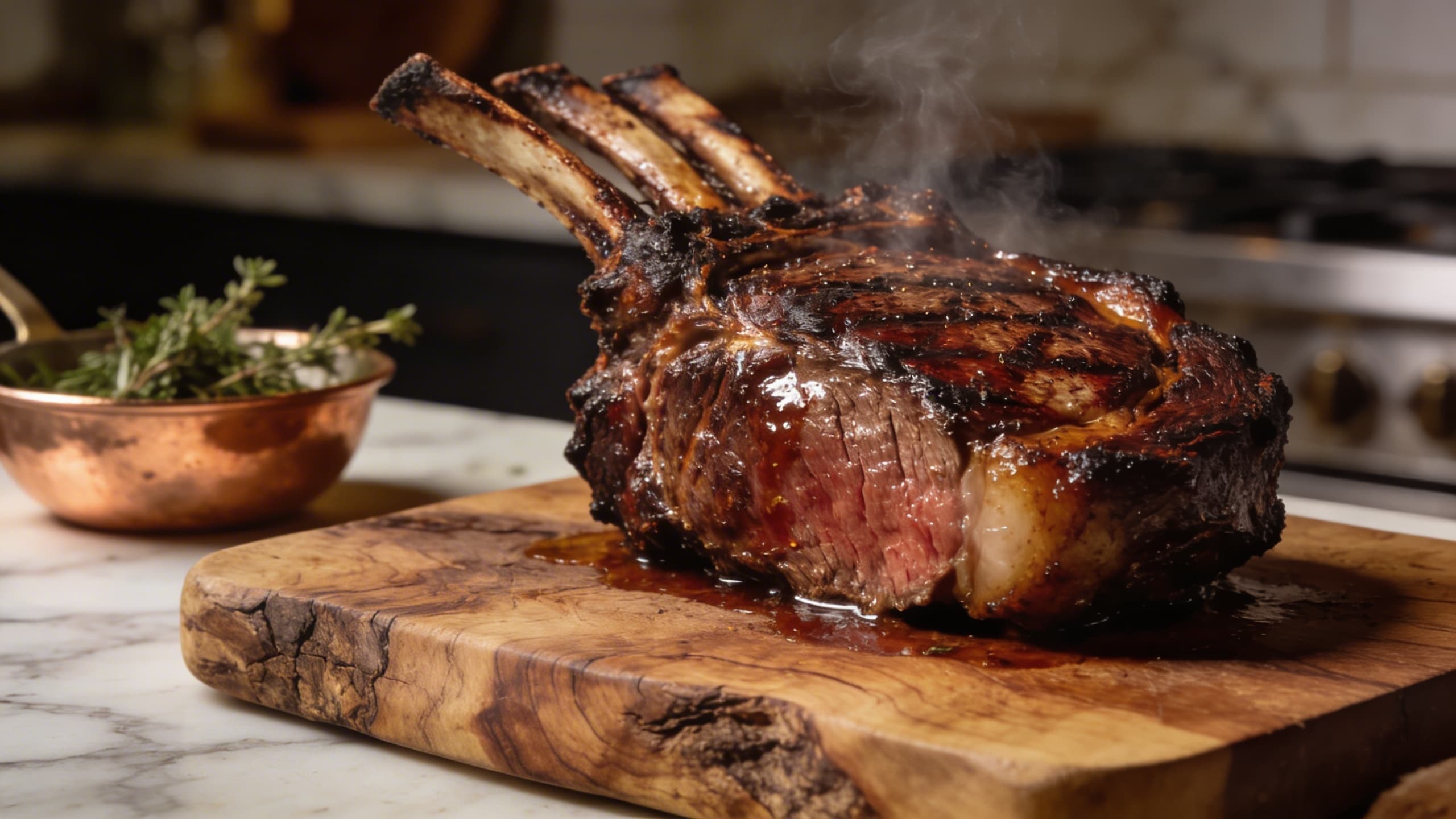 A perfectly seared roast resting on a wooden board, its crust glistening under warm kitchen lights.
